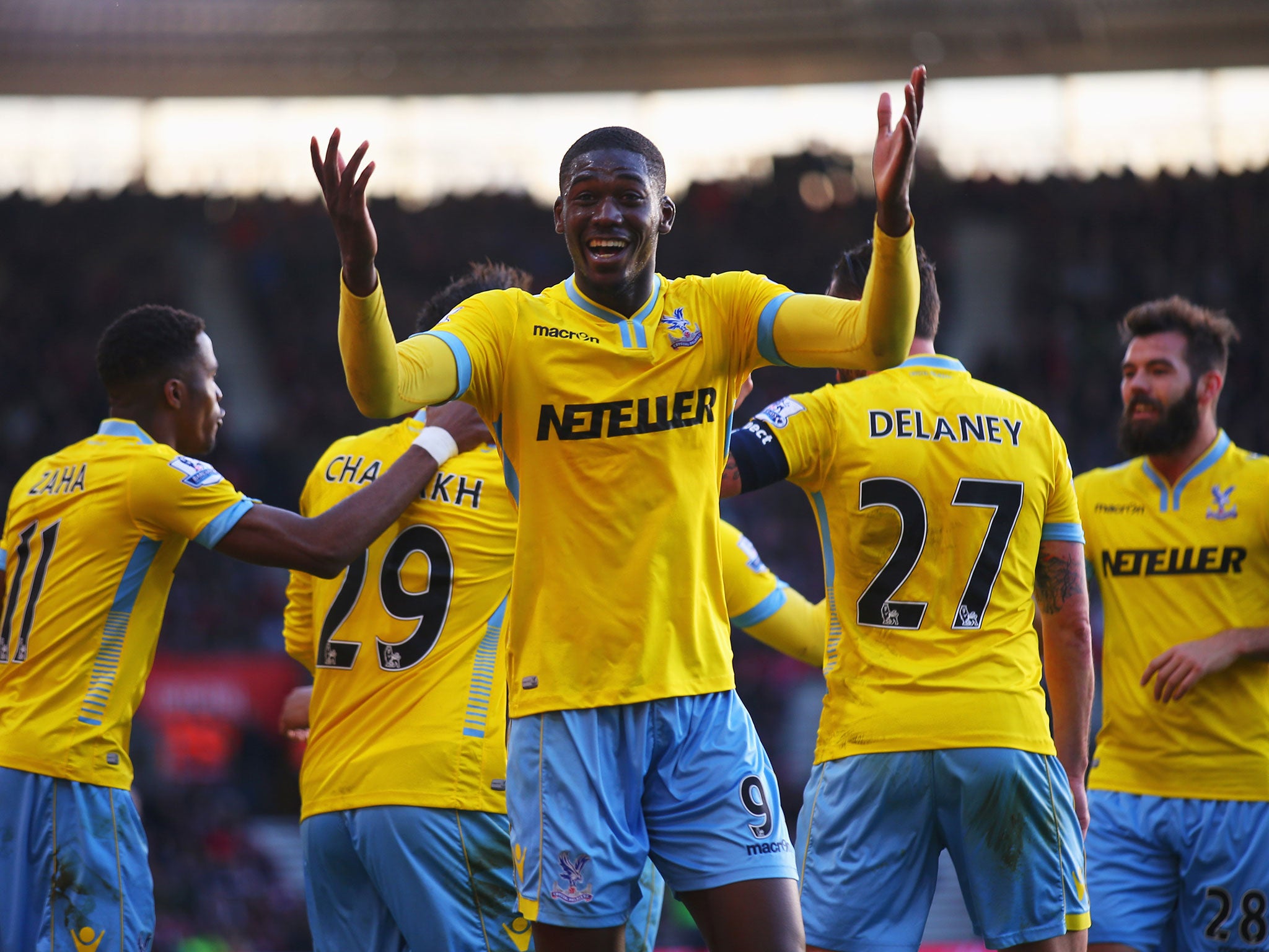 Yaya Sanogo celebrates his first goal for Crystal Palace