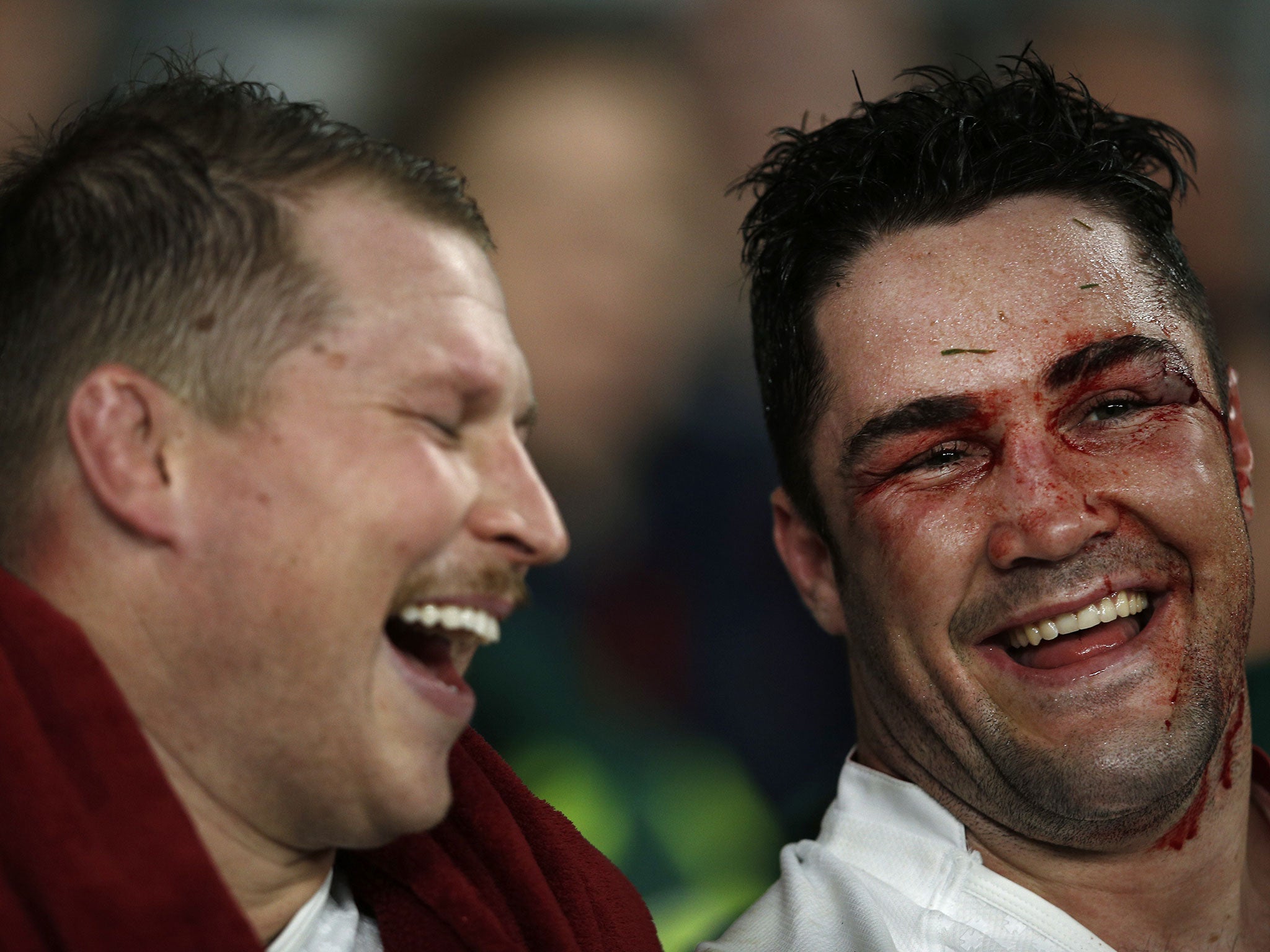 Brad Barritt laughs with Dylan Hartley in the closing stages of England's win over Australia