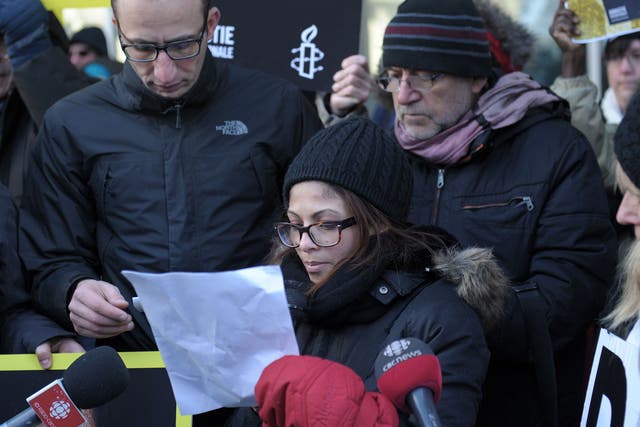 Ensaf Haidar, the wife of Saudi blogger Raif Badawi, at a vigil in Montreal on 13 January