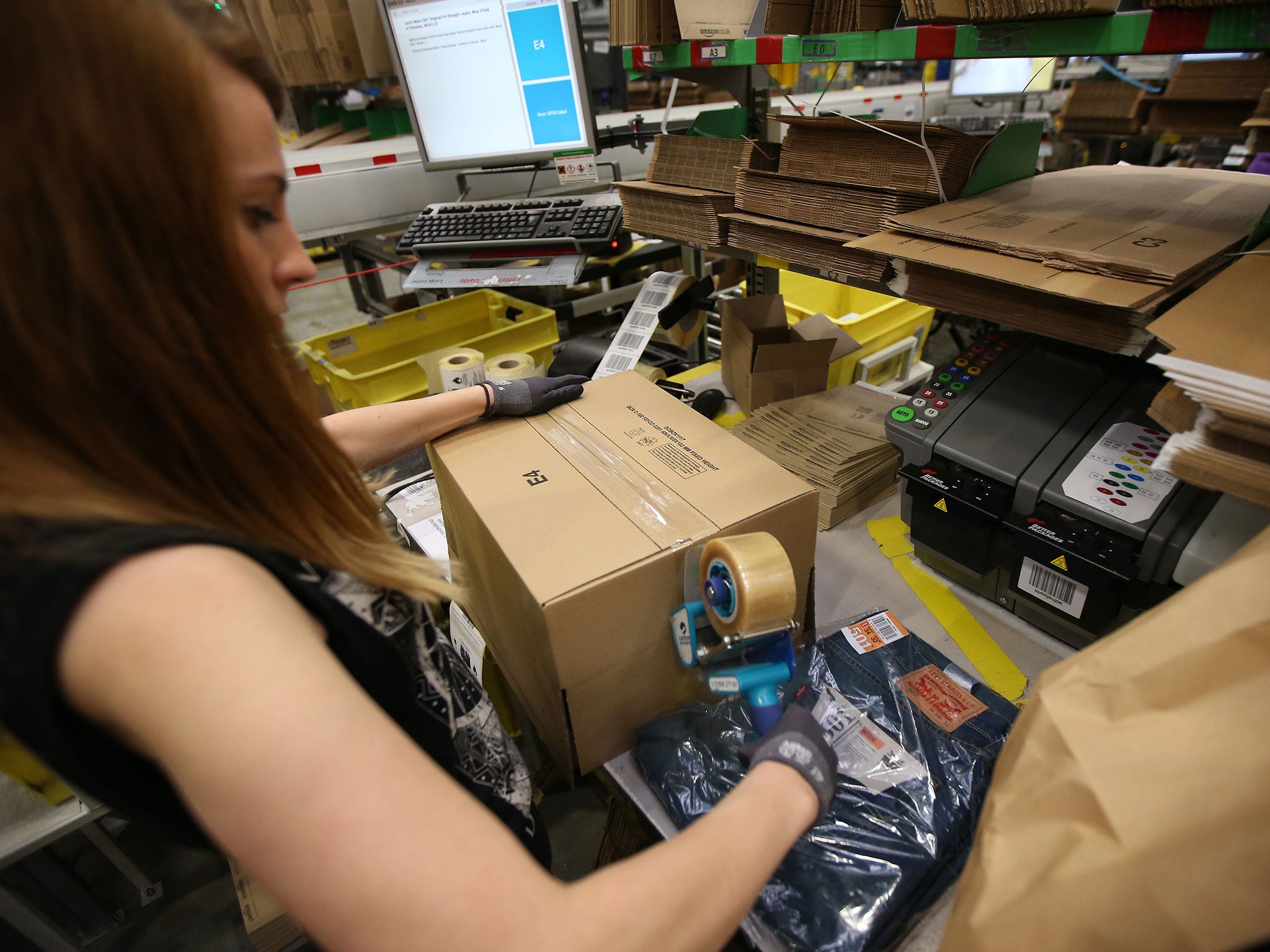 A parcel being prepared at an Amazon warehouse