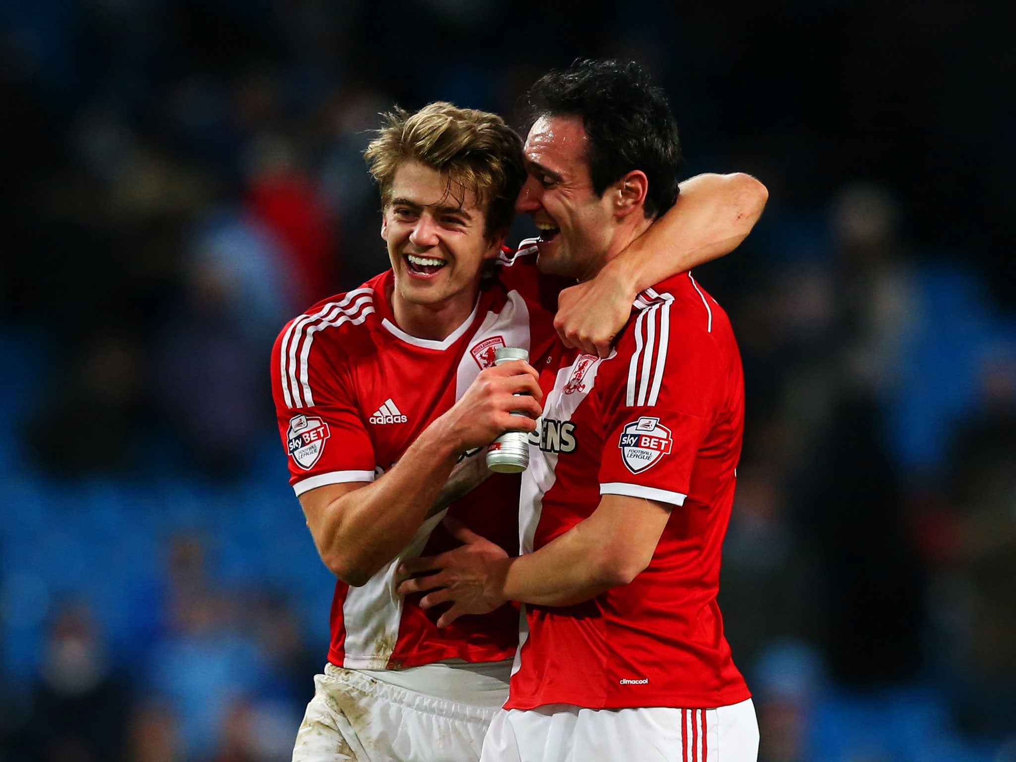 Middlesbrough goalscorers Patrick Bamford and Kike celebrate at the Etihad