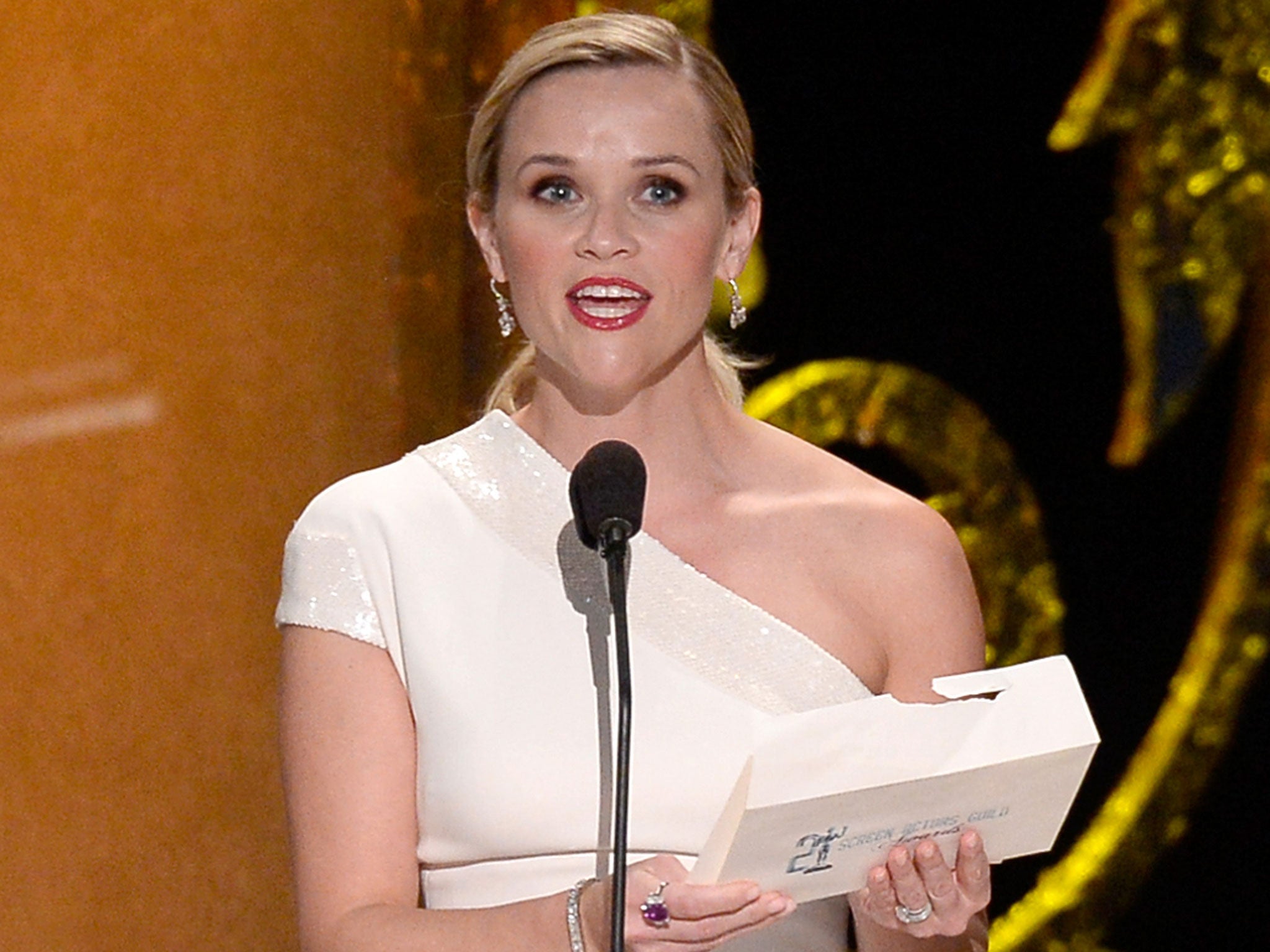 Actress Reese Witherspoon speaks onstage at the 2015 Annual Screen Actors Guild Awards.