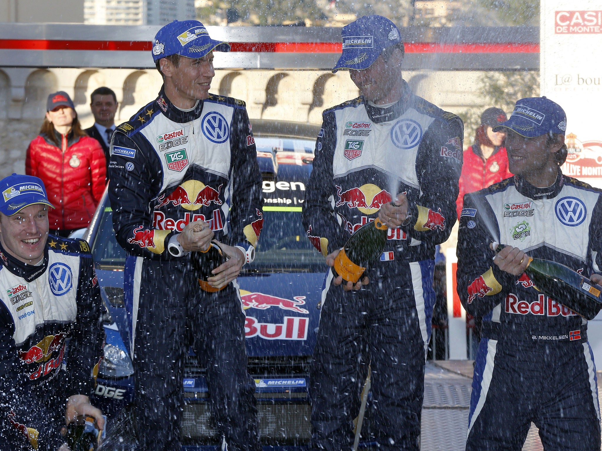 Sebastian Ogier celebrates victory at the Monte Carlo rally