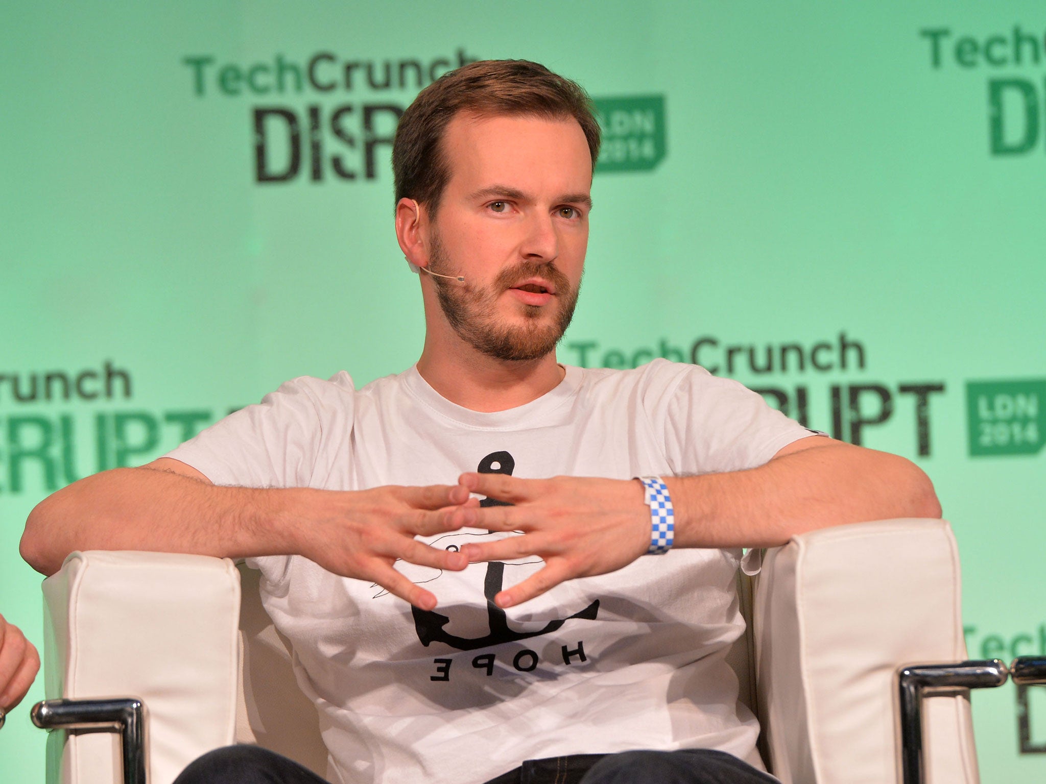 TransferWise co-founder Taavet Hinrikus appears on stage at the 2014 TechCrunch Disrupt Europe/London, at The Old Billingsgate on 21 October, 2014, in London, England