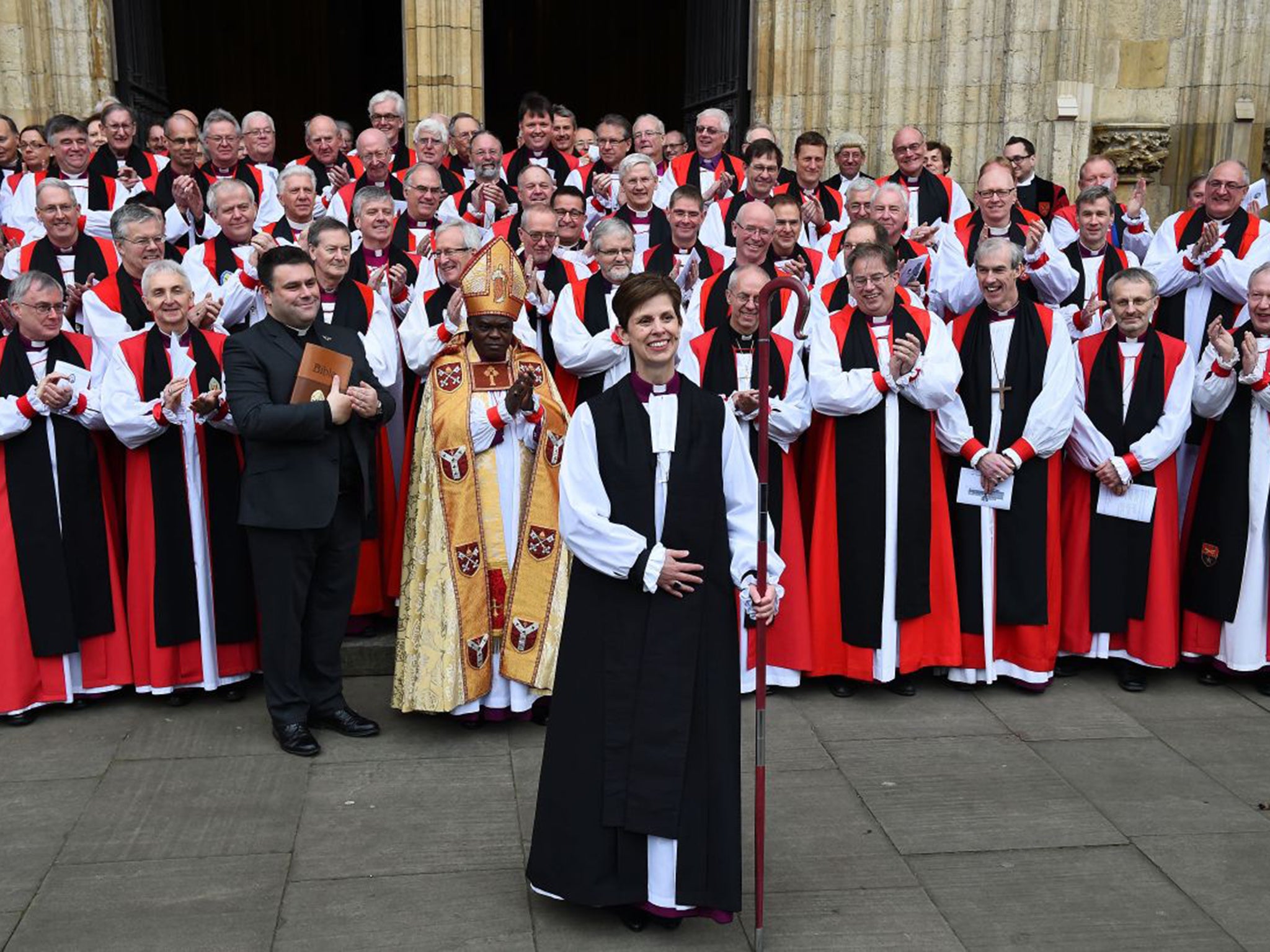 The Rev Libby Lane is all smiles after being ordained as the eighth Bishop of Stockport in a service at York Minster (AFP)