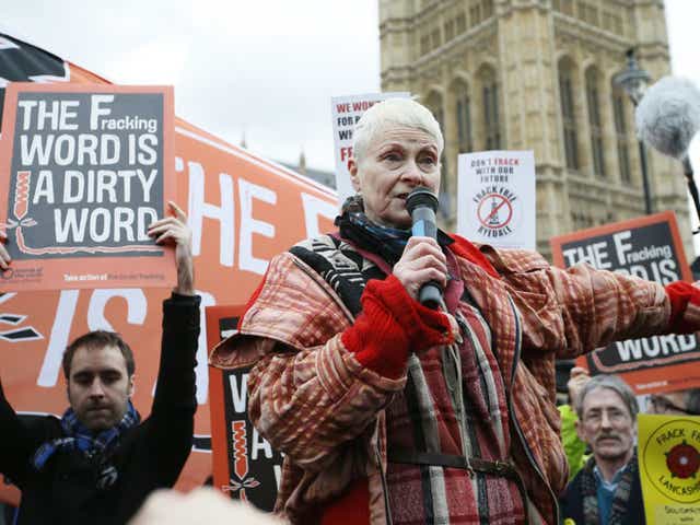 Dame Vivienne Westwood speaking at a fracking protest outside Parliament on Monday (AP)