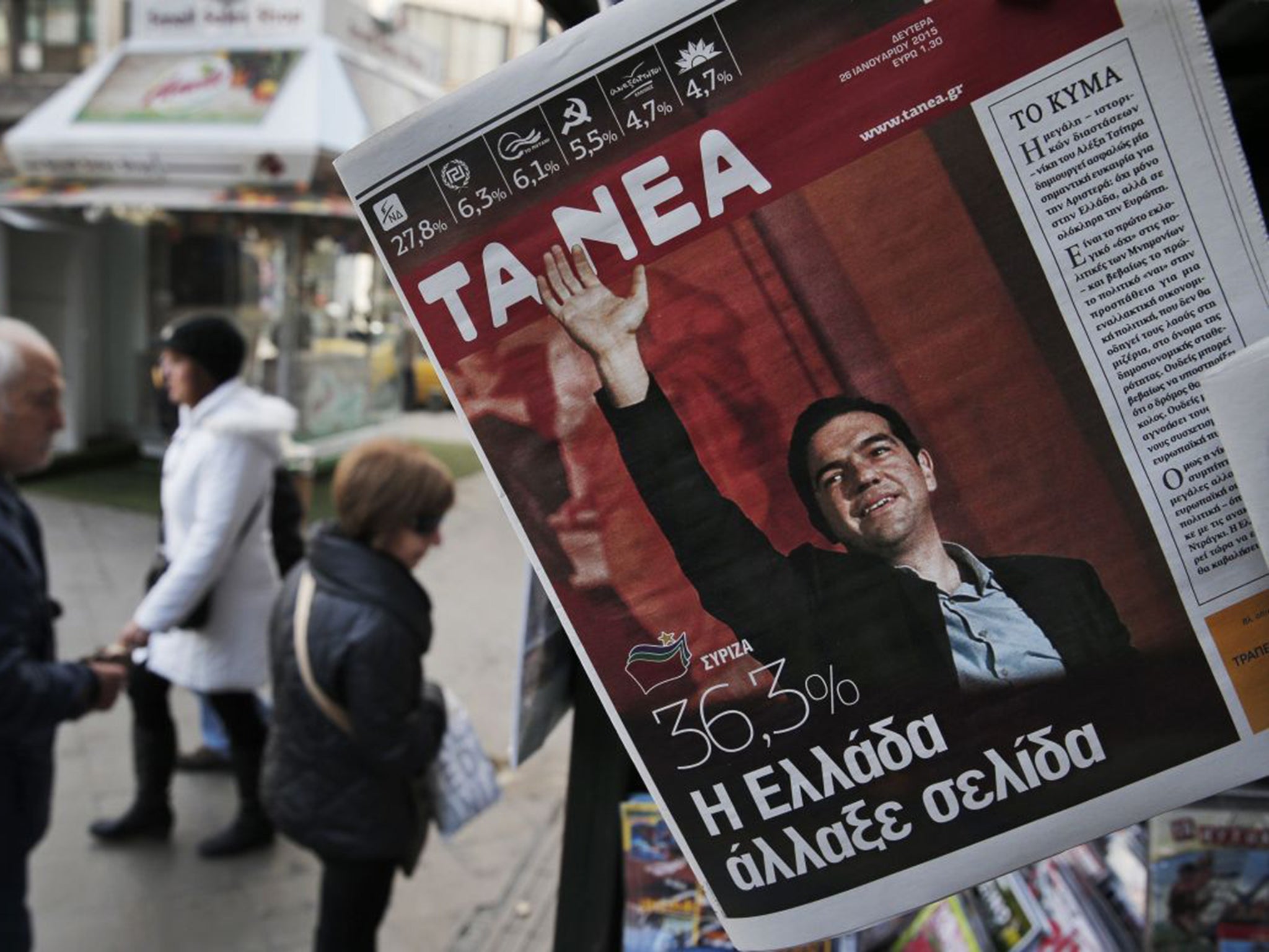 Newspapers featuring Alexis Tsipras, leader of the victorious Syriza, in Athens yesterday (AP)