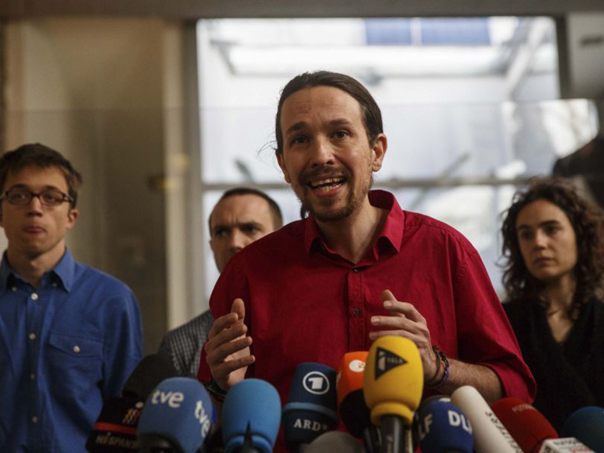 Pablo Iglesias, the leader of Spain’s anti-austerity party Podemos, appeared at a Syriza rally (Reuters)