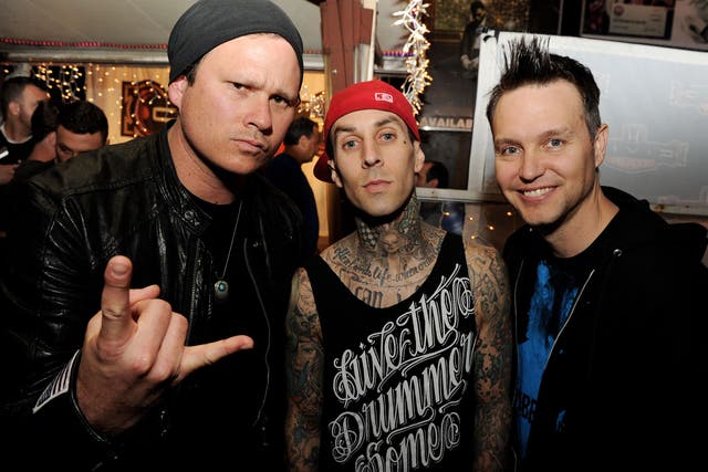 <p>Tom DeLonge, Travis Barker and Mark Hoppus of Blink-182 pictured in 2011.</p>