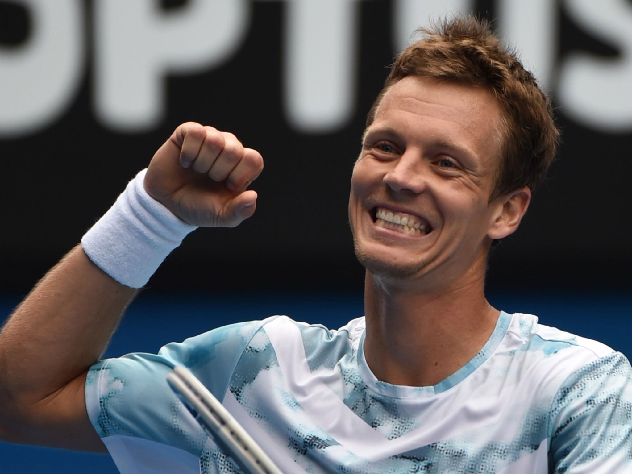 Tomas Berdych celebrates his victory over Rafael Nadal