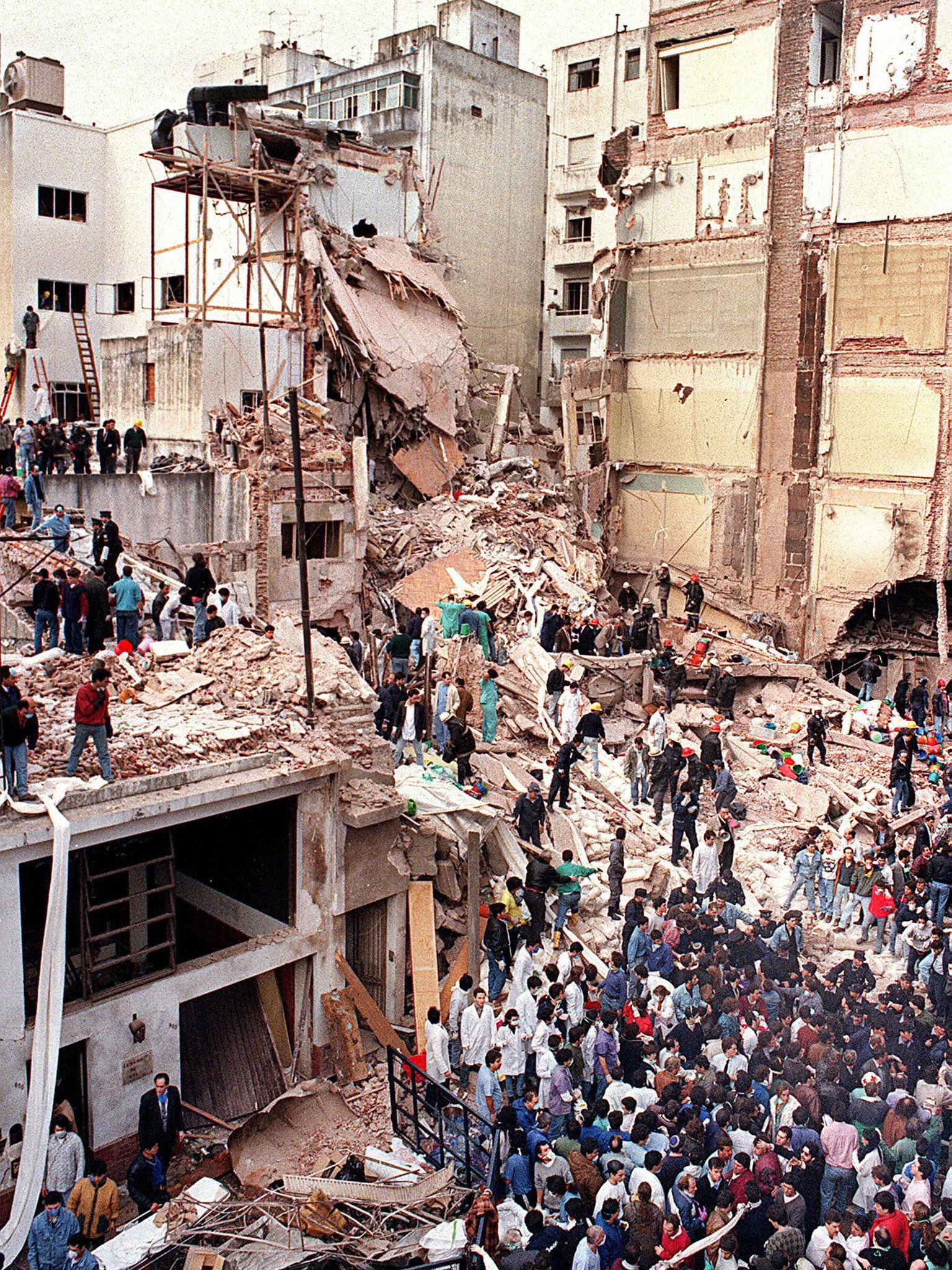 The aftermath of the car bomb attack at the AMIA headquarters in Buenos Aires on 18 July 1994.