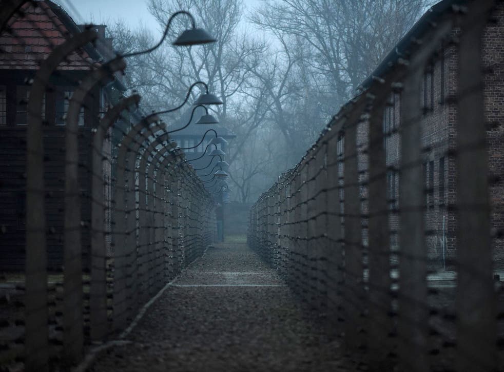 The main gate entering the Nazi Auschwitz death camp 