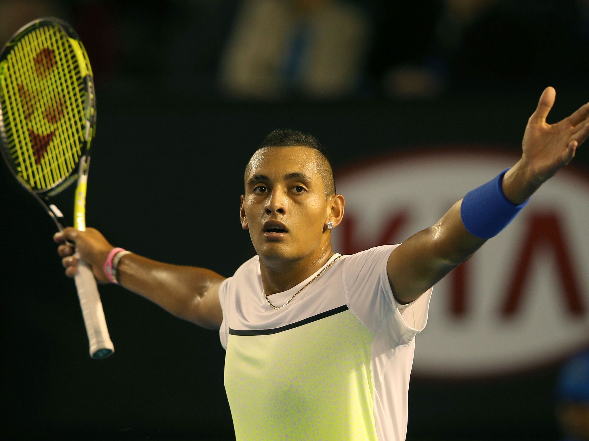 Nick Kyrgios appeals a point during his quarter-final defeat to Murray