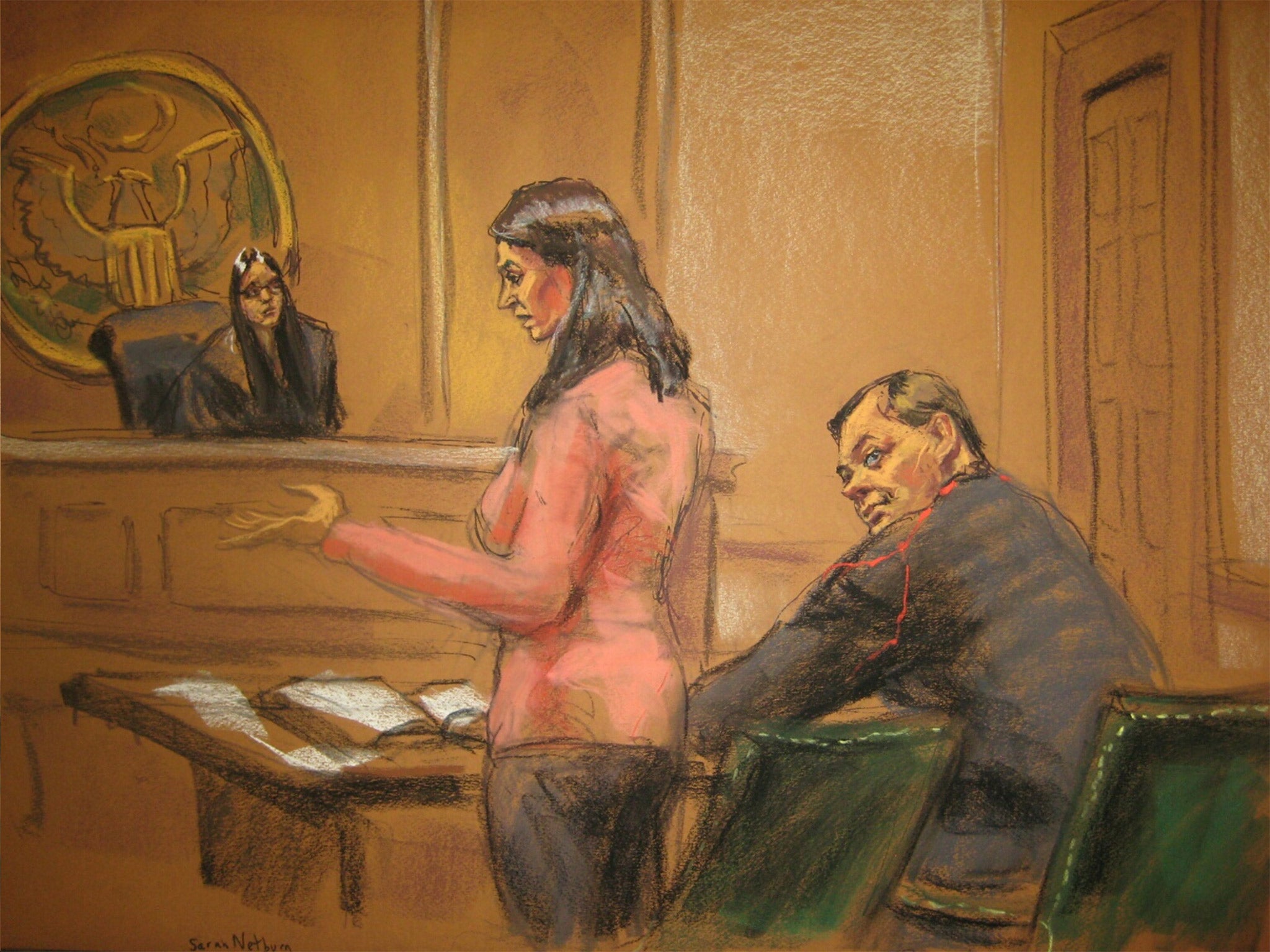 Judge Sarah Netburn listens to defence attorney Sabrina Shroff as Evgeny Buryakov sits in court in New York