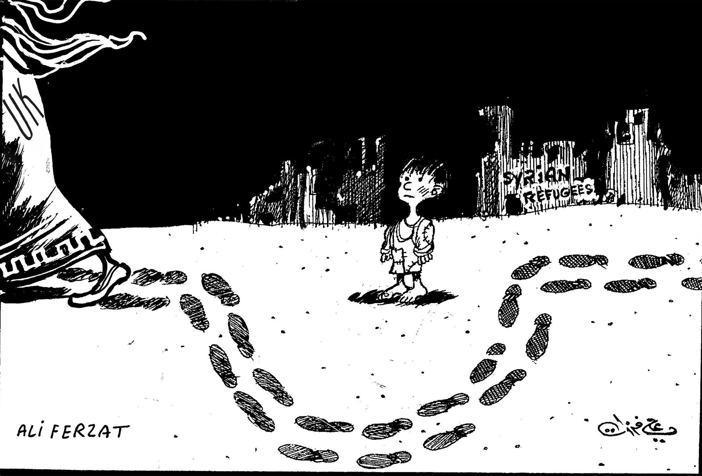 The cartoon depicts the UK (far left) walking around a Syrian child refugee