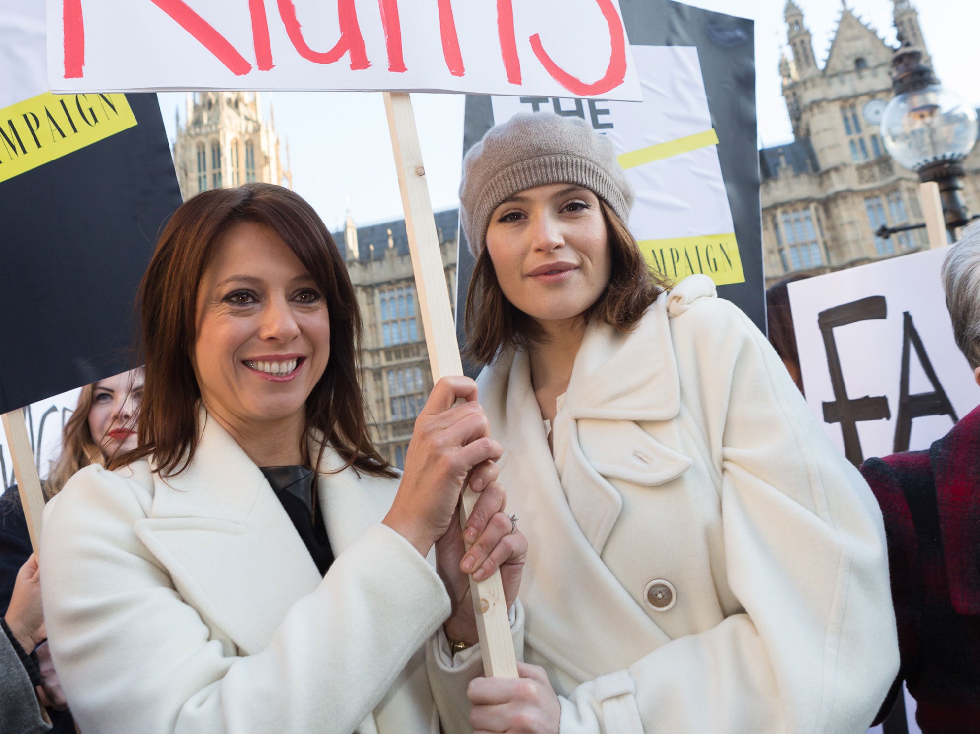 Gemma Arterton and Gloria de Piero during their equal pay strike