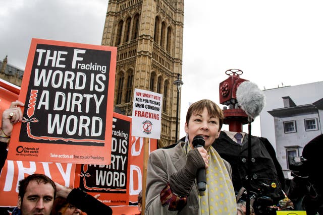 Caroline Lucas from the Green Party with anti-fracking campaigners outside Parliament this week.
