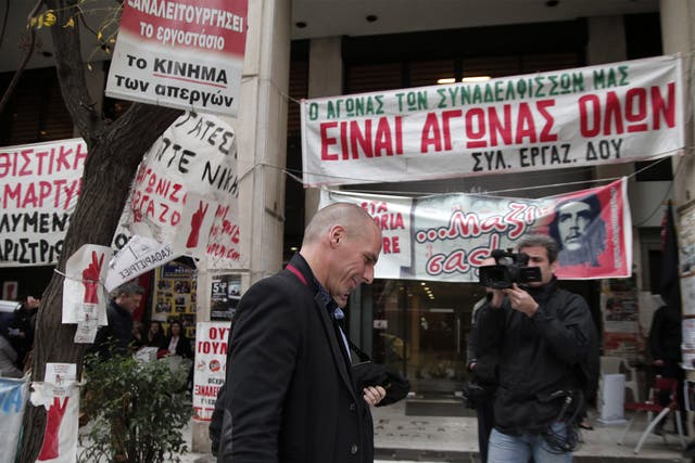 The Finance Minister Yanis Varoufakis at a protest site for cleaning workers laid off by the Finance Ministry in Athens