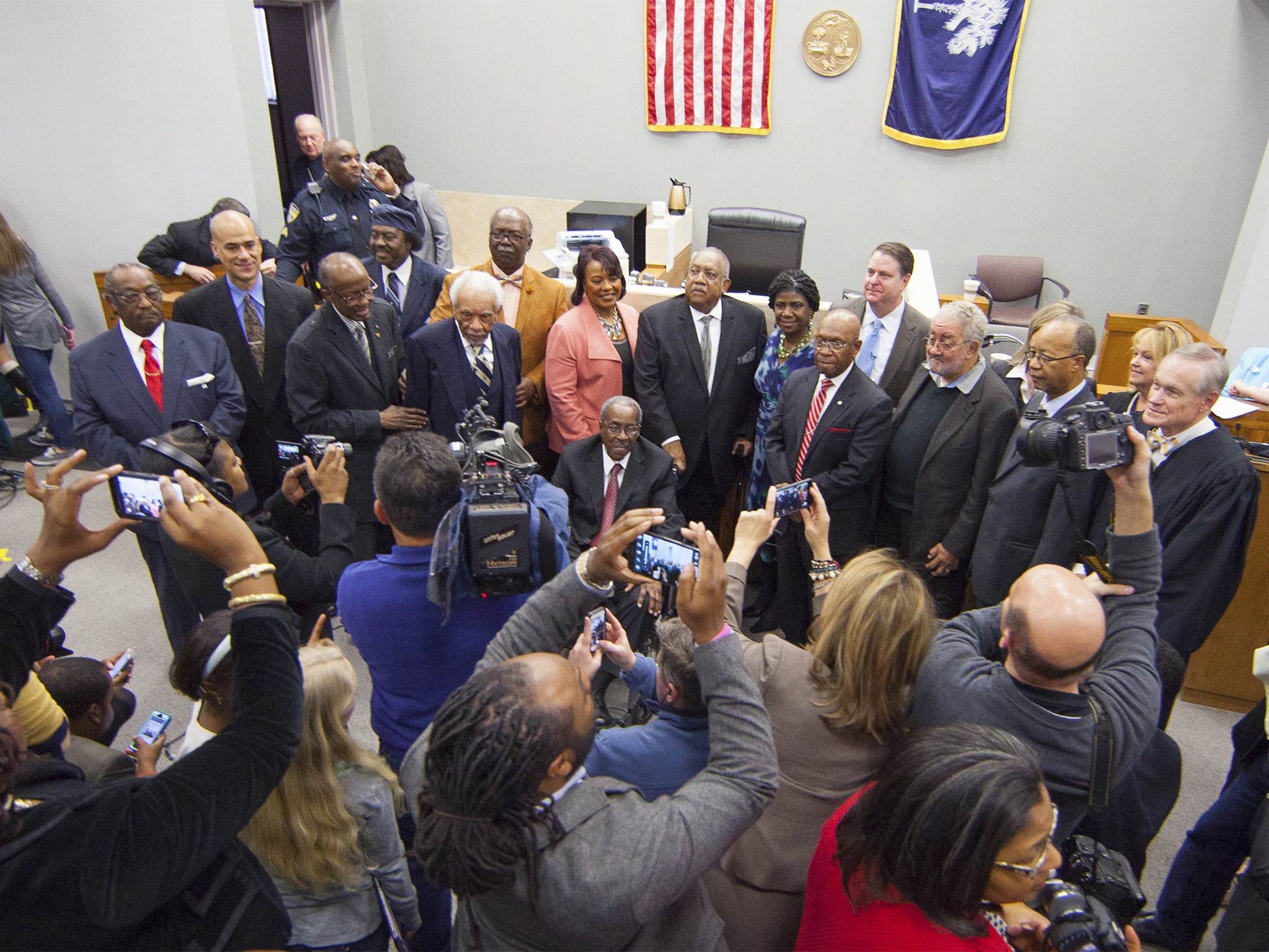 Members of the 'Friendship Nine' gather at the municipal courthouse in Rock Hill, where their convictions were overturned