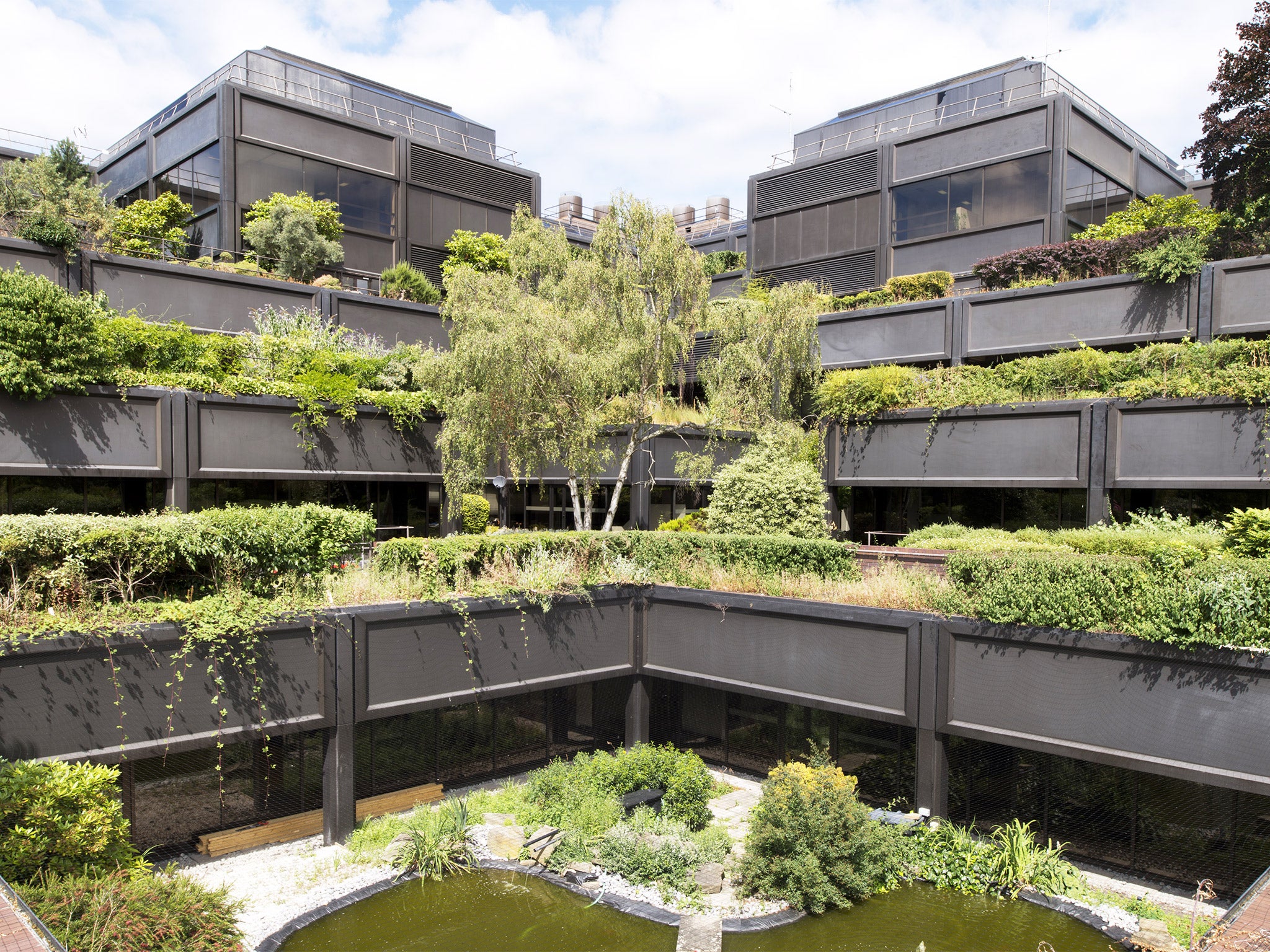 Mountbatten House, Basingstoke: The former headquarters for the paper merchants Wiggins Teape is an unusual and distinct example of 1970's commercial office architecture by Arup Associates