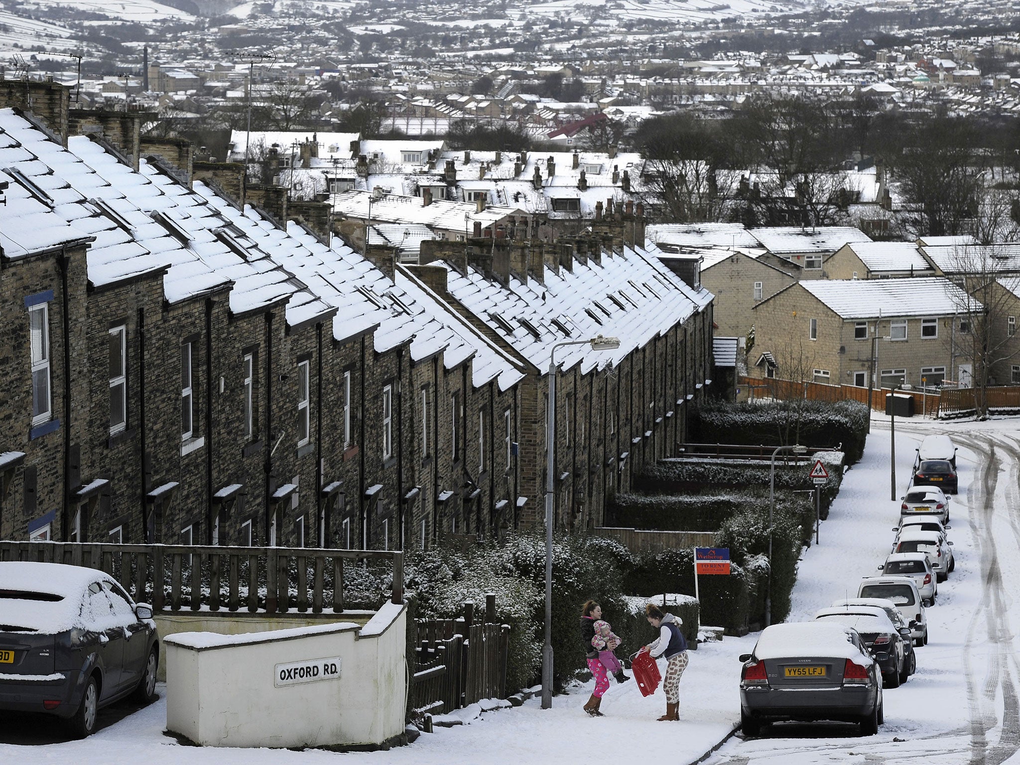 A general view of steep hills around Bradford and Shipley following heavy snow showers