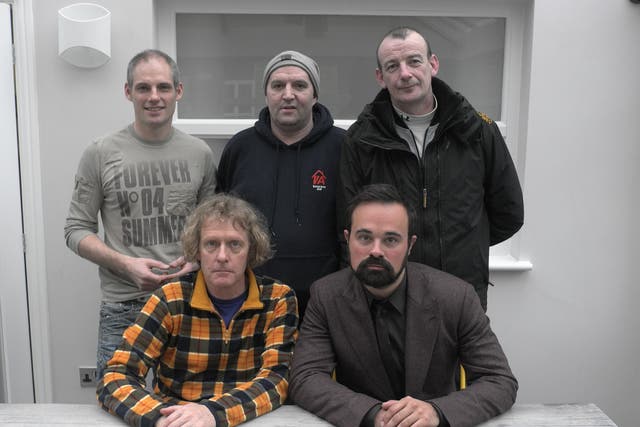 The veterans Mark Hayward, Hugh Thompson and Sean Staines (back) with Grayson Perry (front left) and Evgeny Lebedev