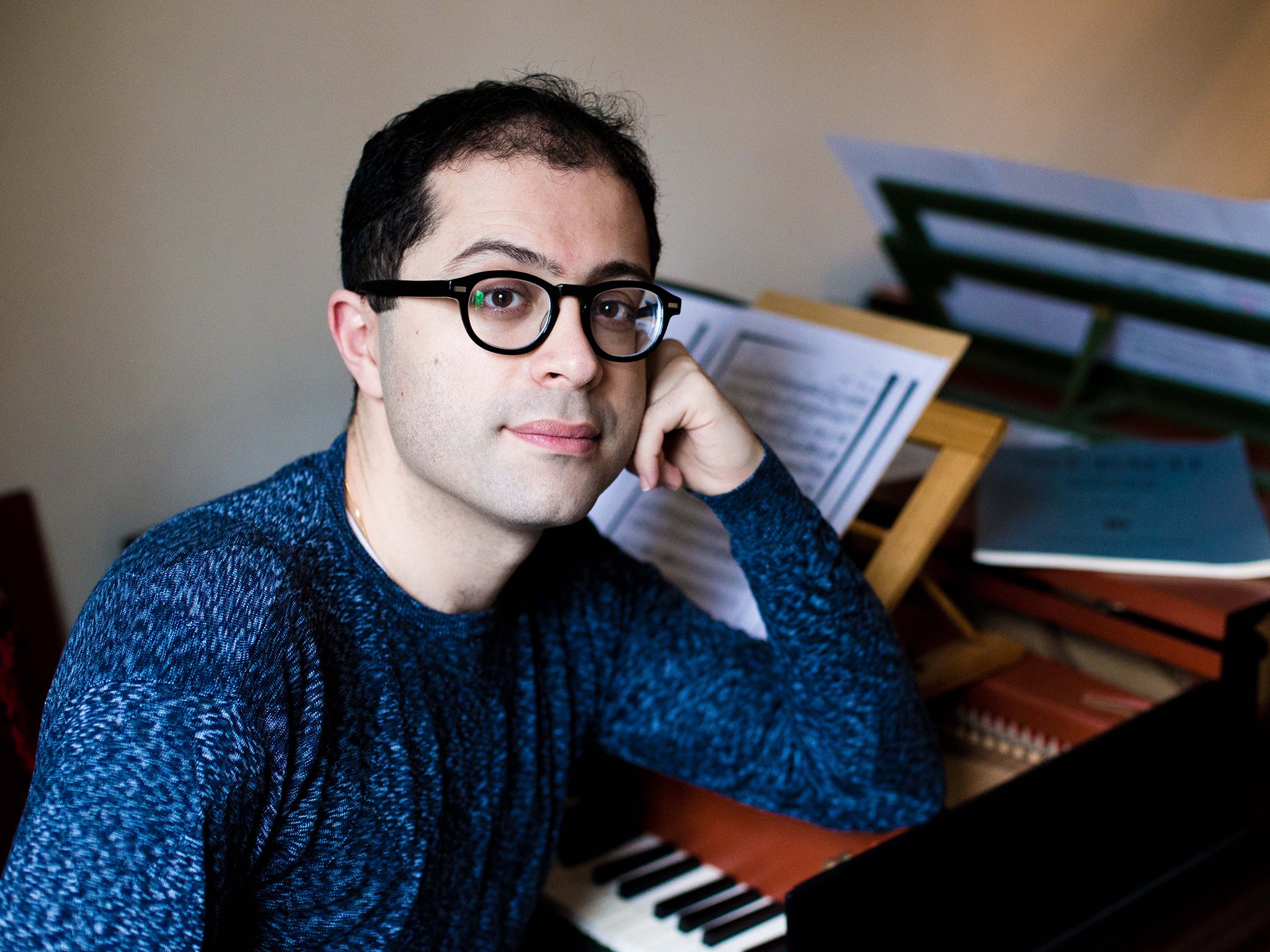 Mahan Esfahani, Iranian-American harpsichordist; he is the first harpsichordist named as a BBC Radio 3 New Generation Artist. As a concerto soloist and recitalist, he has gained an international reputation. Photographed in his studio near Stockwell.