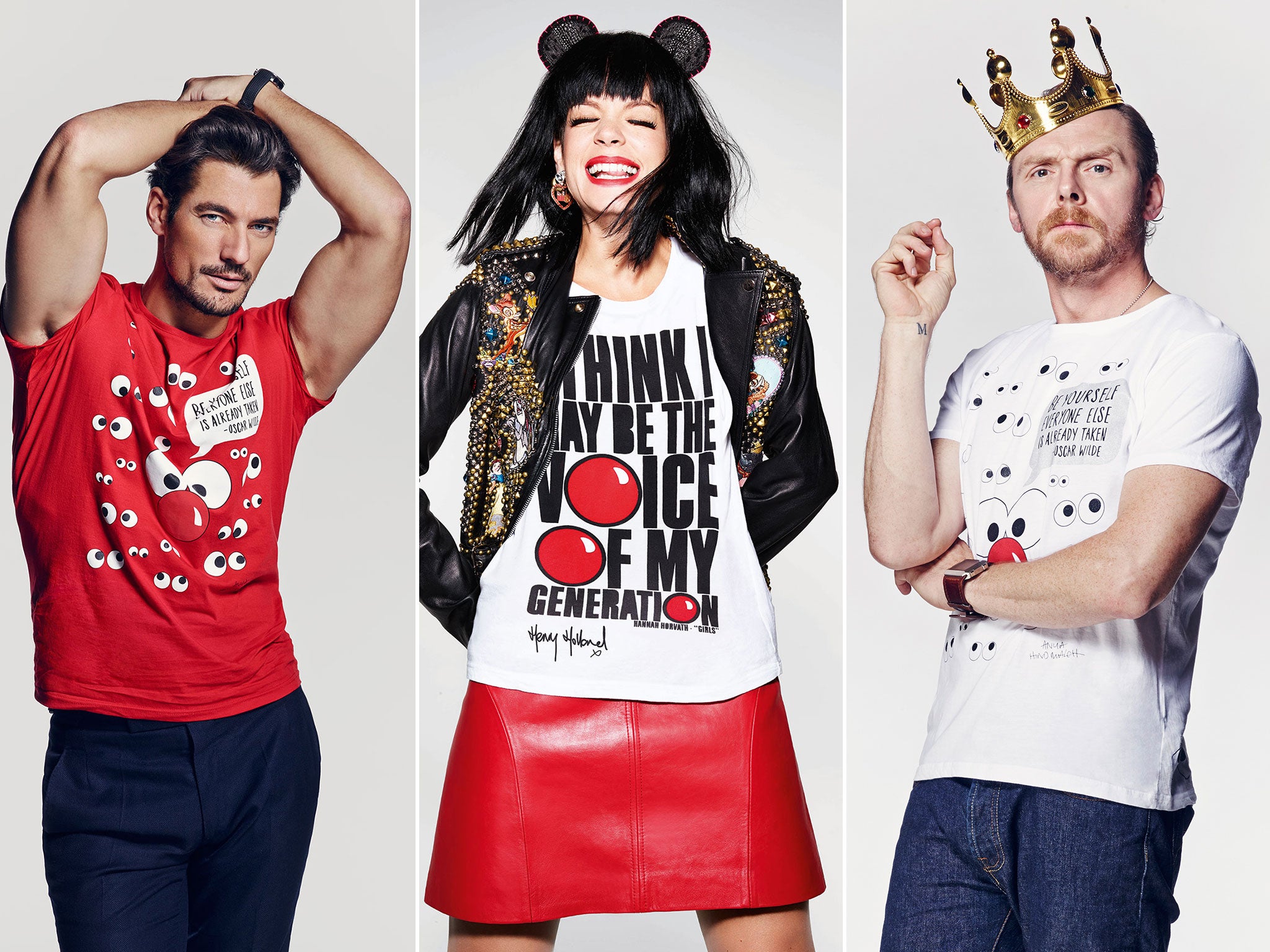 David Gandy, Lilly Allen and Simon Pegg front the campaign for Red Nose Day's designers T-shirts