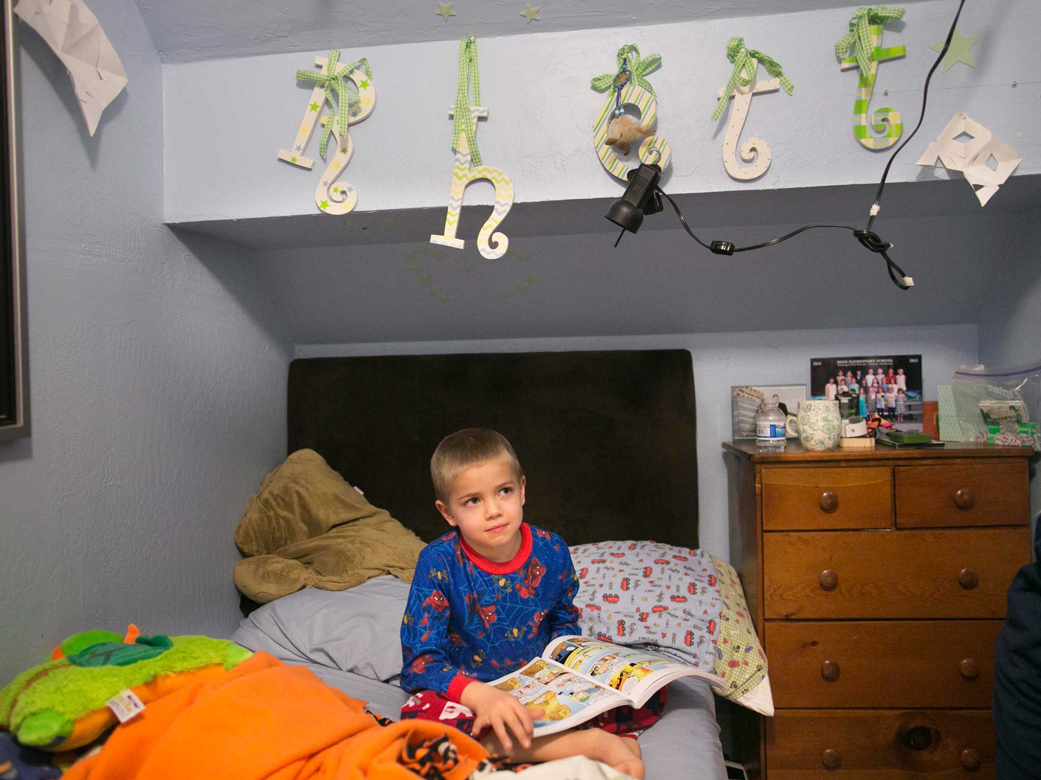 Rhett in his bedroom at home. He was diagnosed with leukemia four years ago