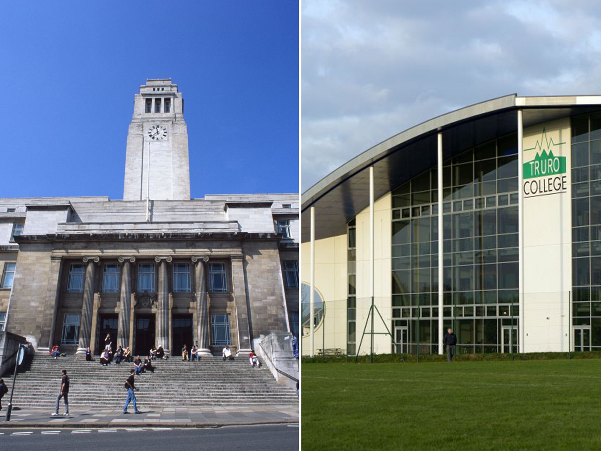 Leeds University, left, and Truro College in Cornwall (Alamy)