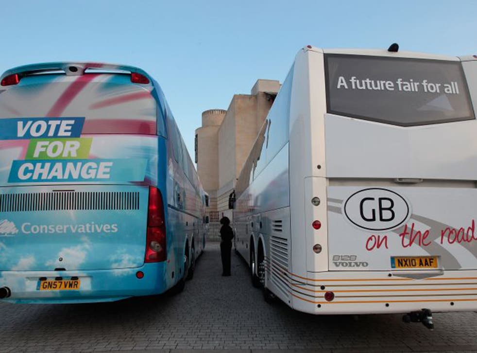 The Conservative and Labour battle buses parked outside the Sky News studios before the second televised debate during the last election campaign in 2010 (Getty)