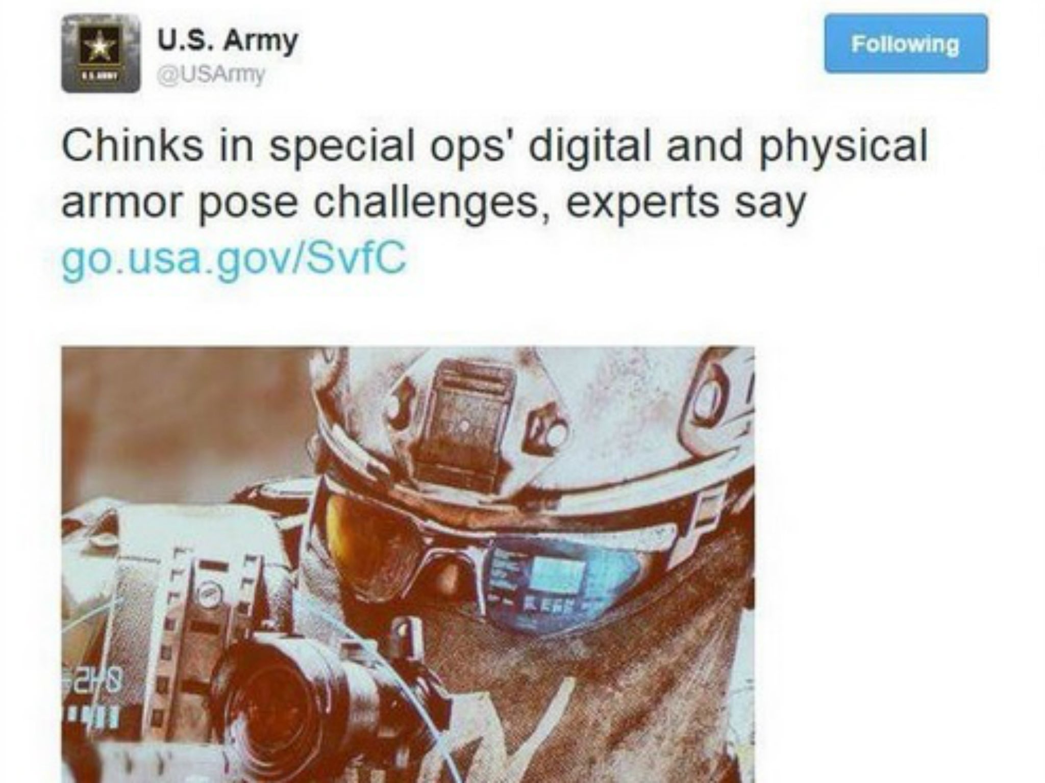 The US Army tweet which provoked the accusations has since been deleted