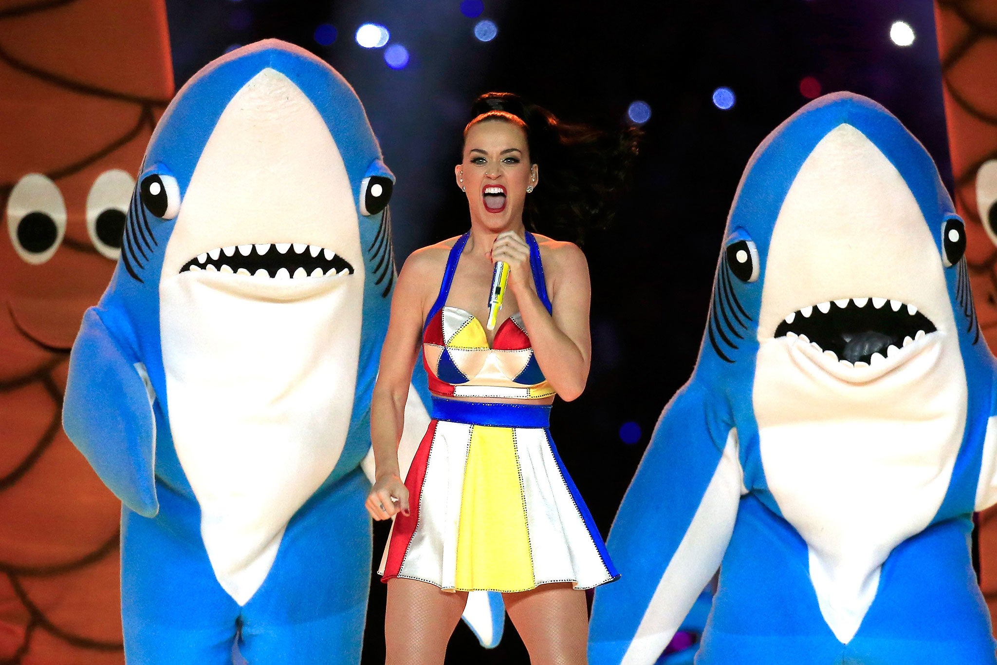 Katy Perry and her two sharks during the Super Bowl performance