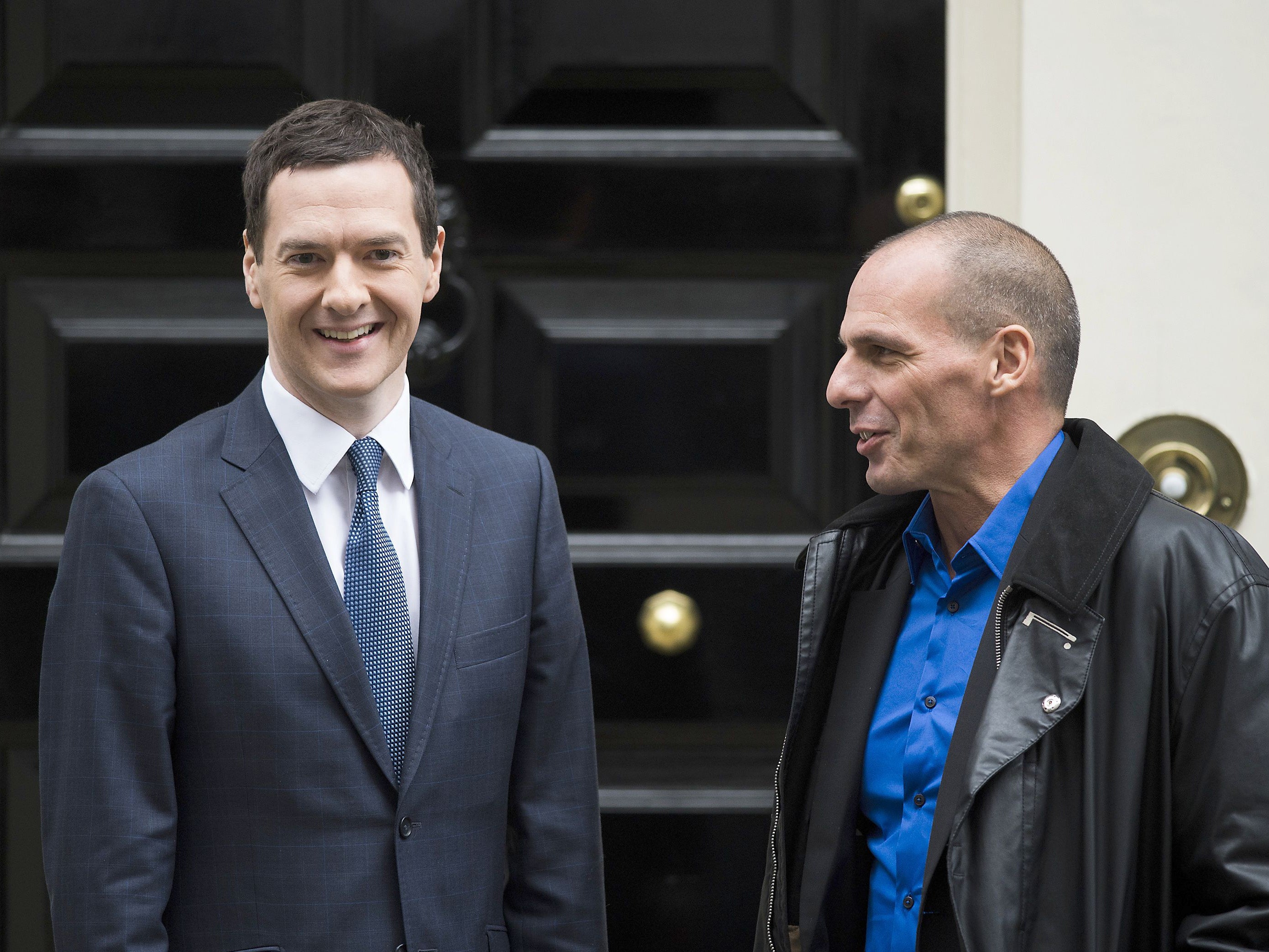 Chancellor George Osbourne receives new Greek Finance Minister Yanis Varoufakis outside No. 11 Downing Street.