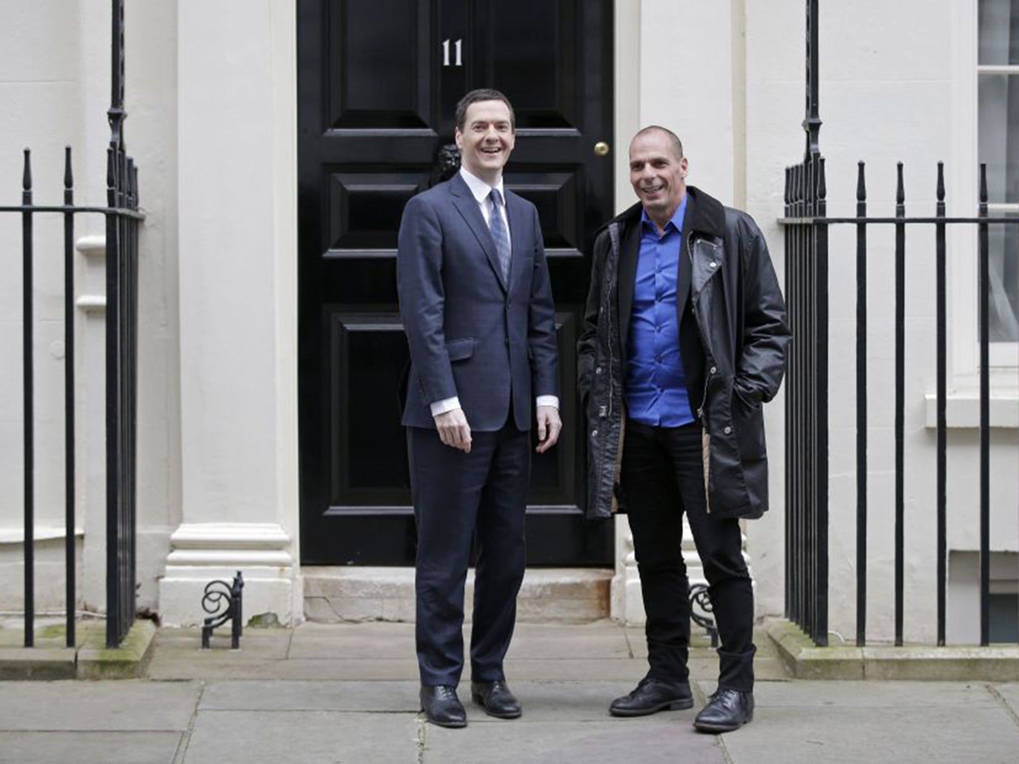 George Osborne with the Greek Finance Minister, Yanis Varoufakis, outside 11 Downing Street on Monday (Reuters)
