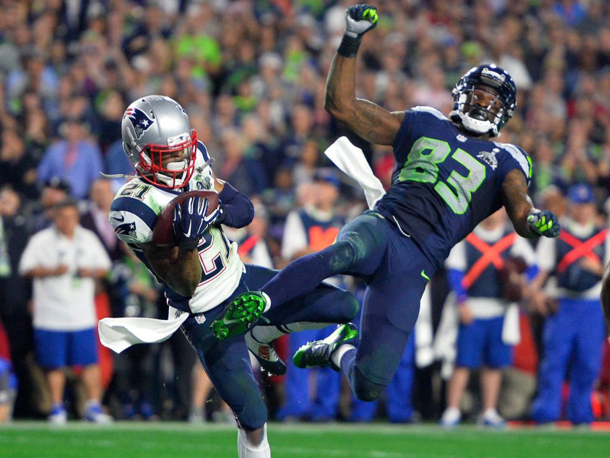 Malcolm Butler, left, makes the crucial, late interception that clinched Super Bowl victory for the Patriots