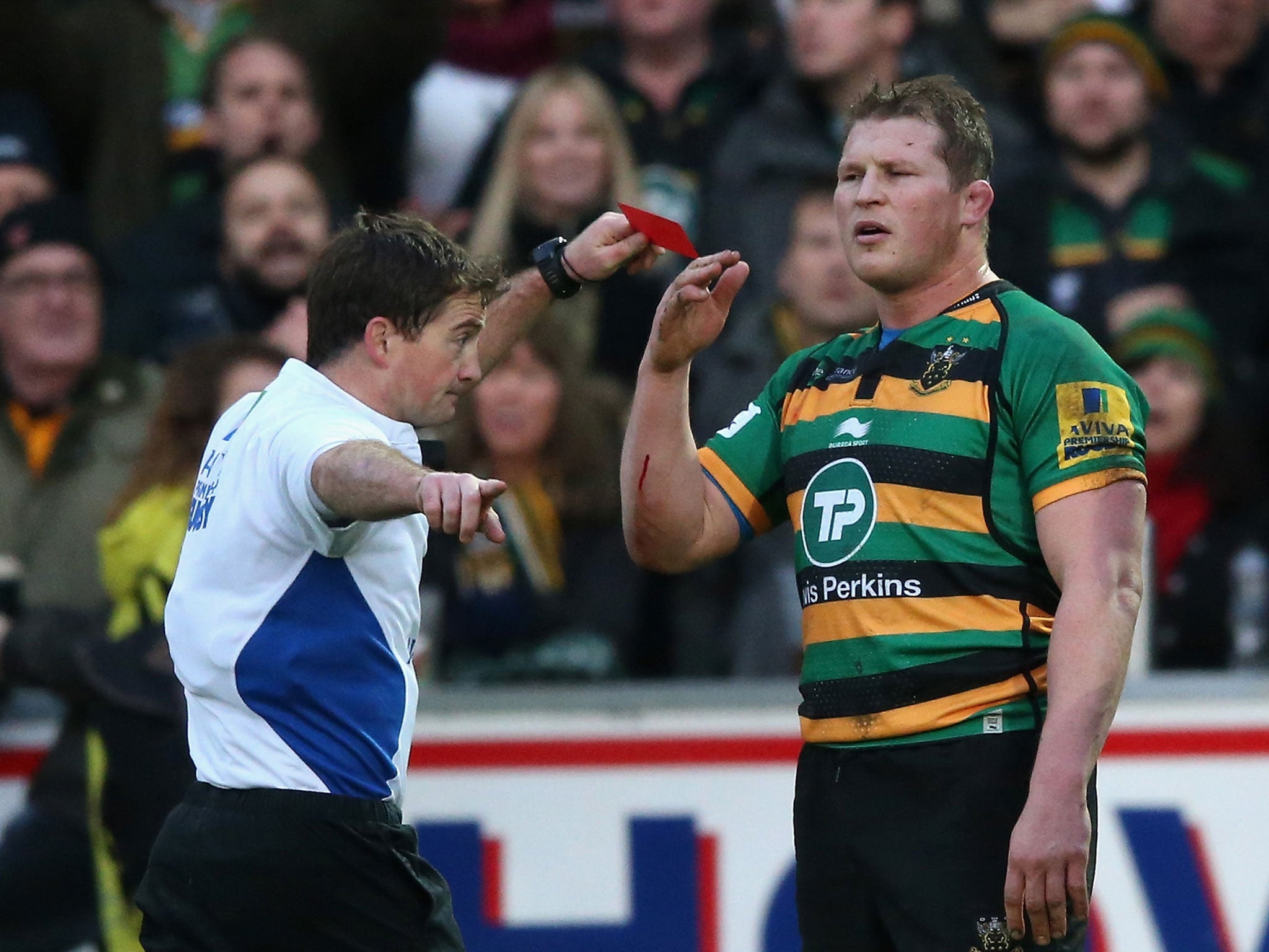 Hartley is shown a red card during Northampton's match against Leicester