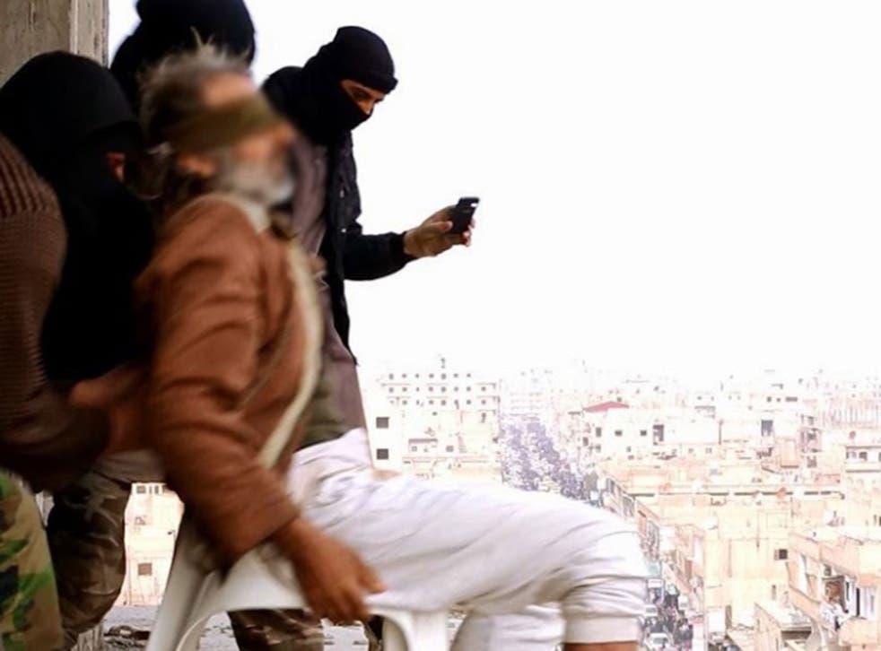 Images have emerged which appear to show a man charged with having a homosexual affair being thrown off a building by Isis militants in Raqqa, Syria