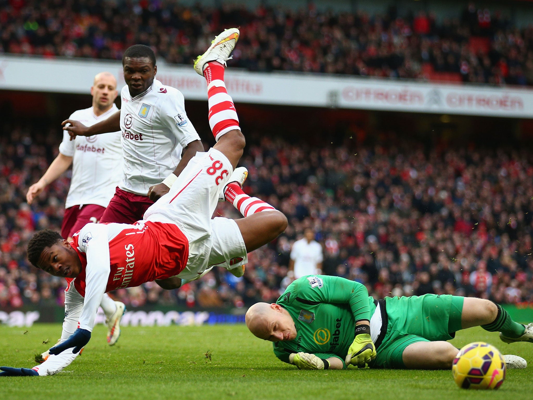 Akpom won a penalty in the 5-0 win over Aston Villa that Santi Cazorla scored