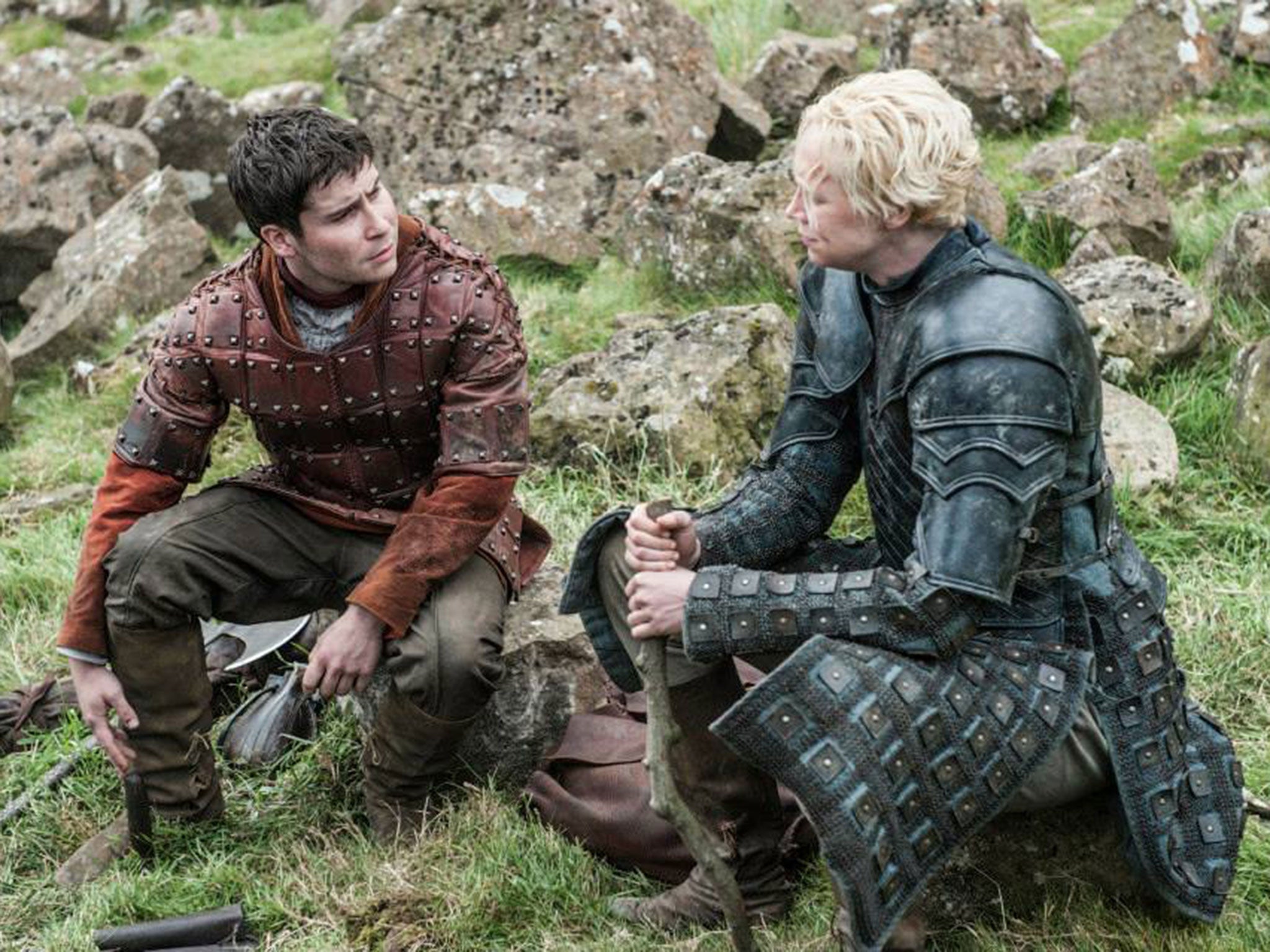 Daniel Portman as Podrick Payne and Gwendoline Christie as Brienne of Tarth in Game of Thrones