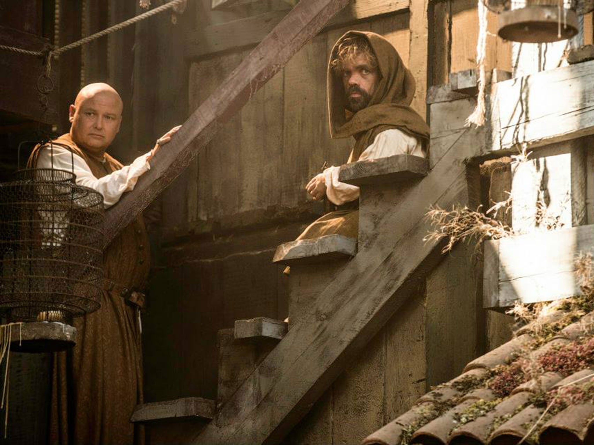 Peter Dinklage as a fugitive Tyrion Lannister with Conleth Hill as Varys