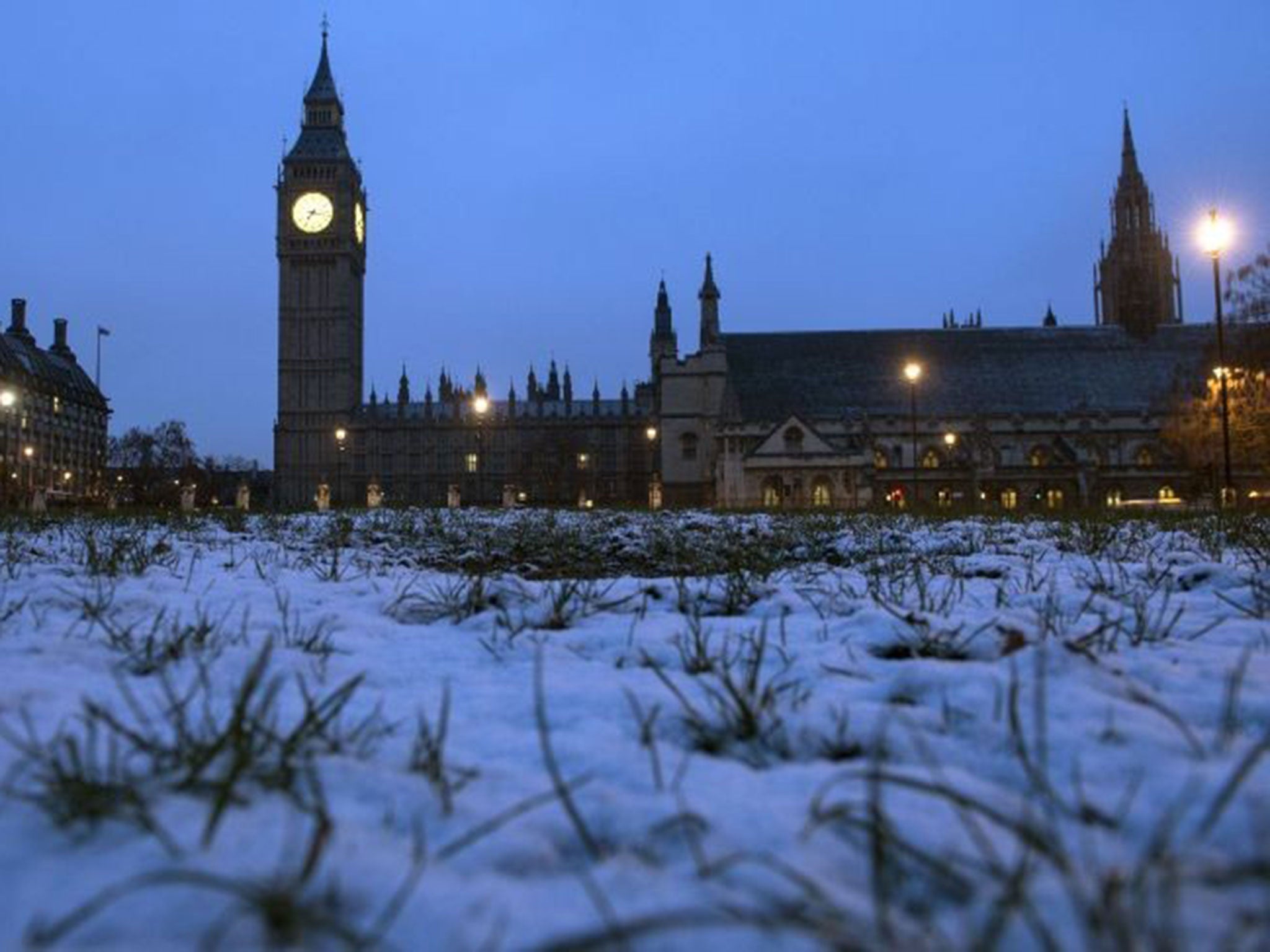 Light snow outside the Houses of Parliament, London, on 3 February