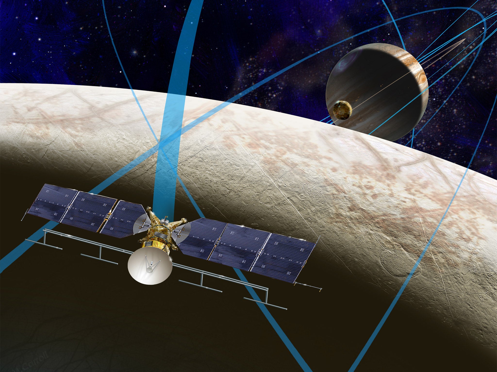 An illustration of the proposed Europa Clipper performing a fly-by over Europa