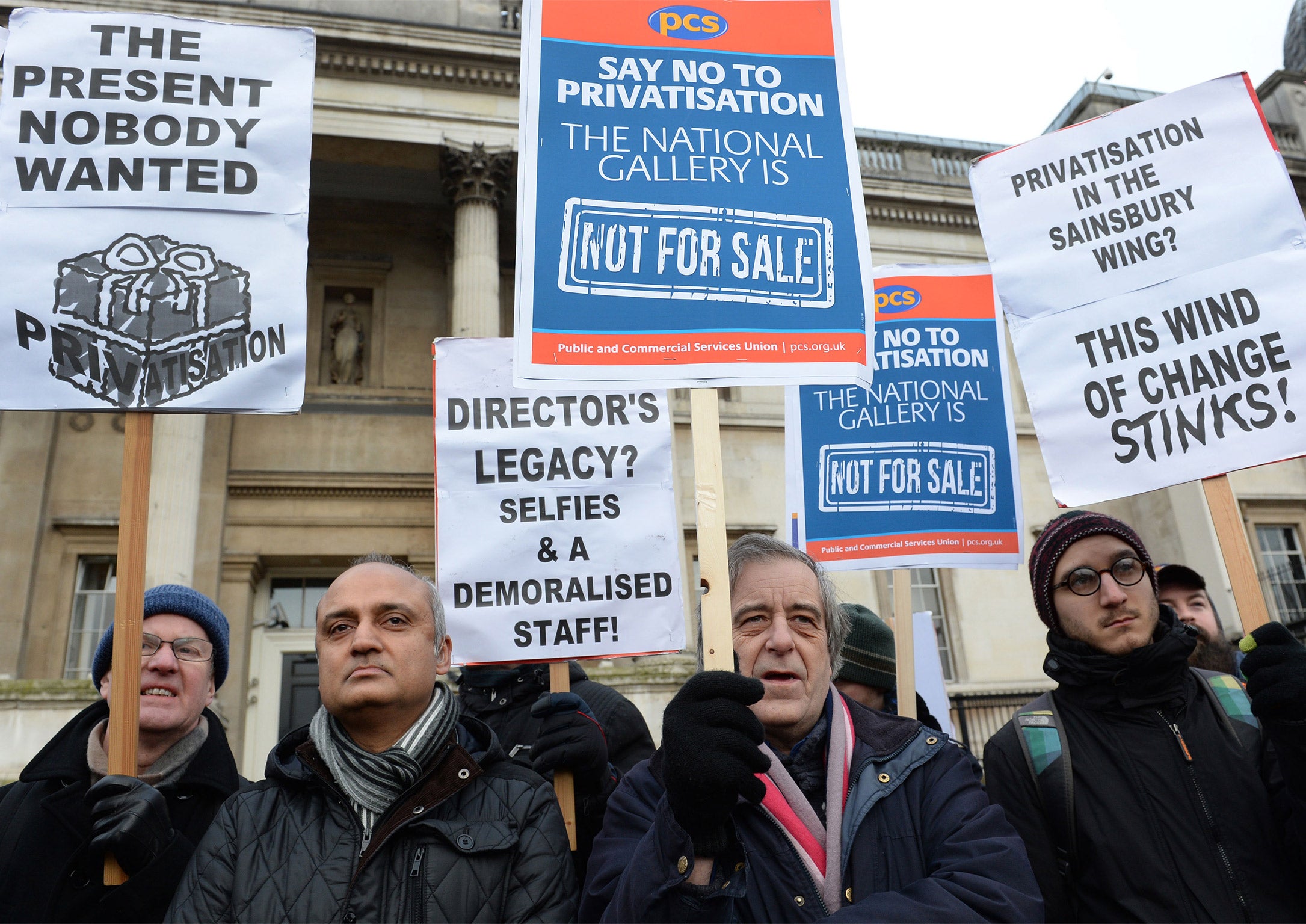 Plans to privatise visitor services at the National Gallery led to protests outside the gallery on Tuesday