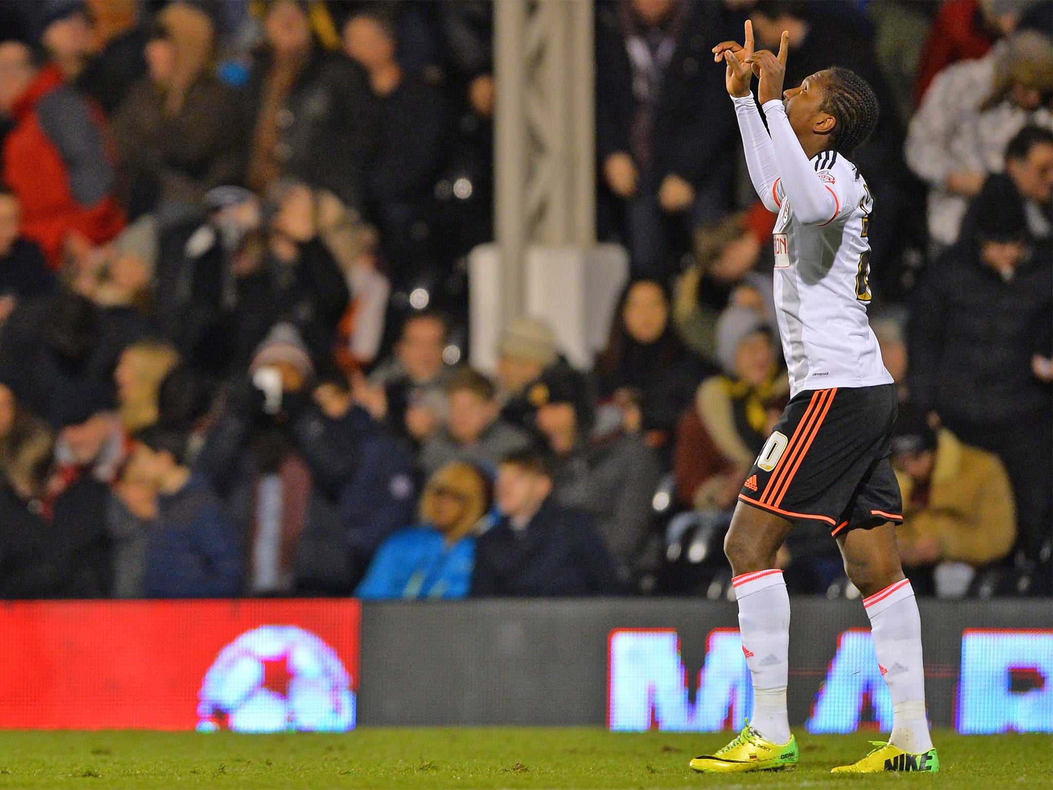 Hugo Rodallega points to the sky after giving Fulham the lead (Getty)