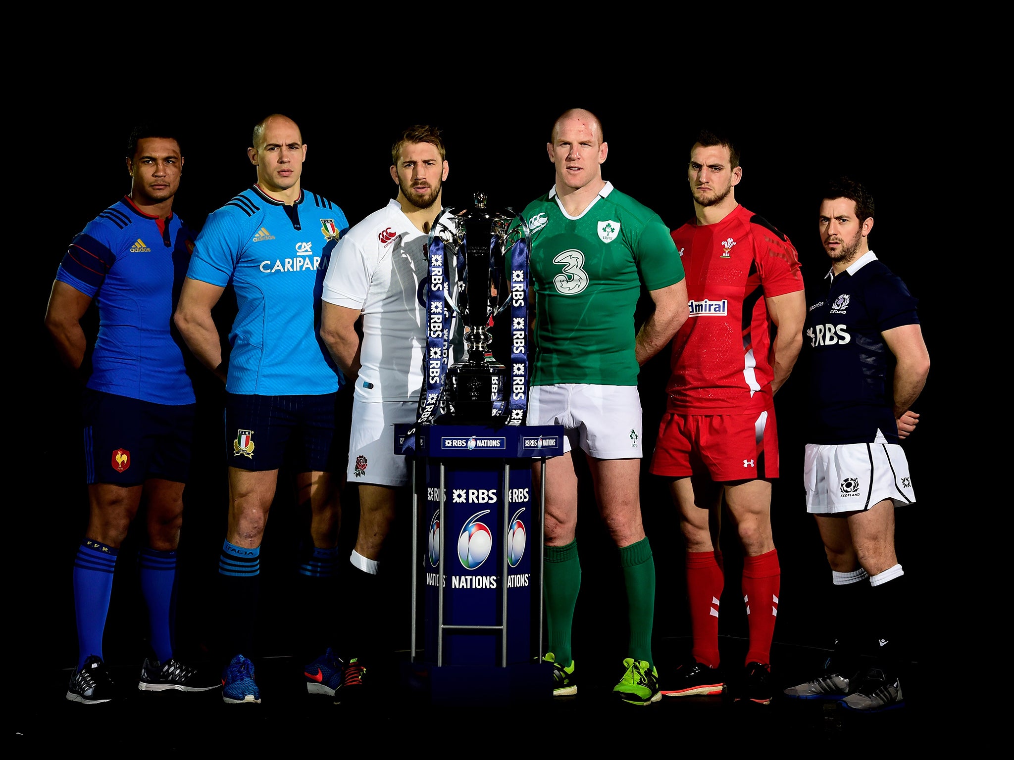 (Left to right) Thierry Dusautoir of France, Sergio Parisse of Italy, Chris Robshaw of England, Paul O'Connell of Ireland, Sam Warburton of Wales and Greig Laidlaw of Scotland pose with the trophy during the launch of the 2015 RBS Six Nations