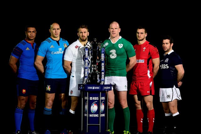 (Left to right) Thierry Dusautoir of France, Sergio Parisse of Italy, Chris Robshaw of England, Paul O'Connell of Ireland, Sam Warburton of Wales and Greig Laidlaw of Scotland pose with the trophy during the launch of the 2015 RBS Six Nations 