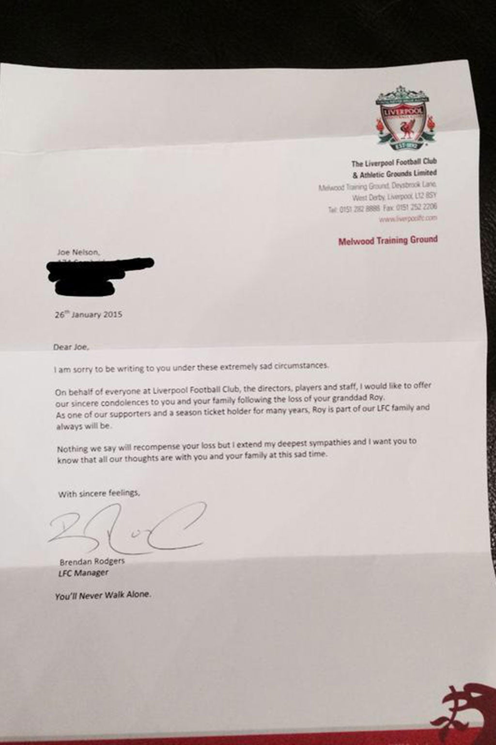 Rodgers' letter to a Liverpool fan whose granddad died recently