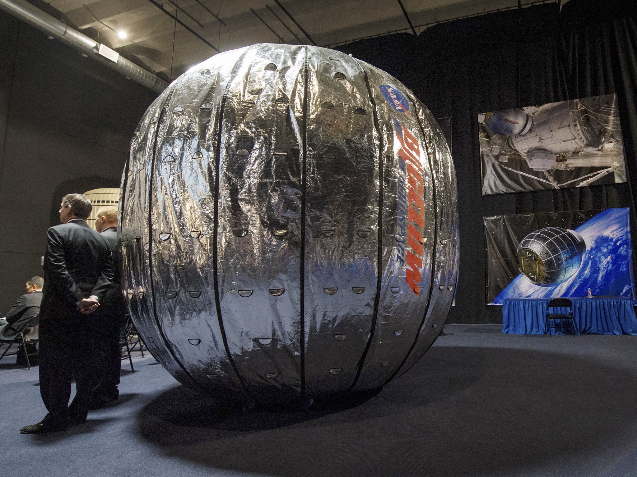 The Bigelow Expandable Activity Module (BEAM) is displayed during a media briefing where it was announced that the BEAM expandable space habitat technology will be tested on the International Space Station, in Las Vegas in this January 16, 2013 picture provided by NASA