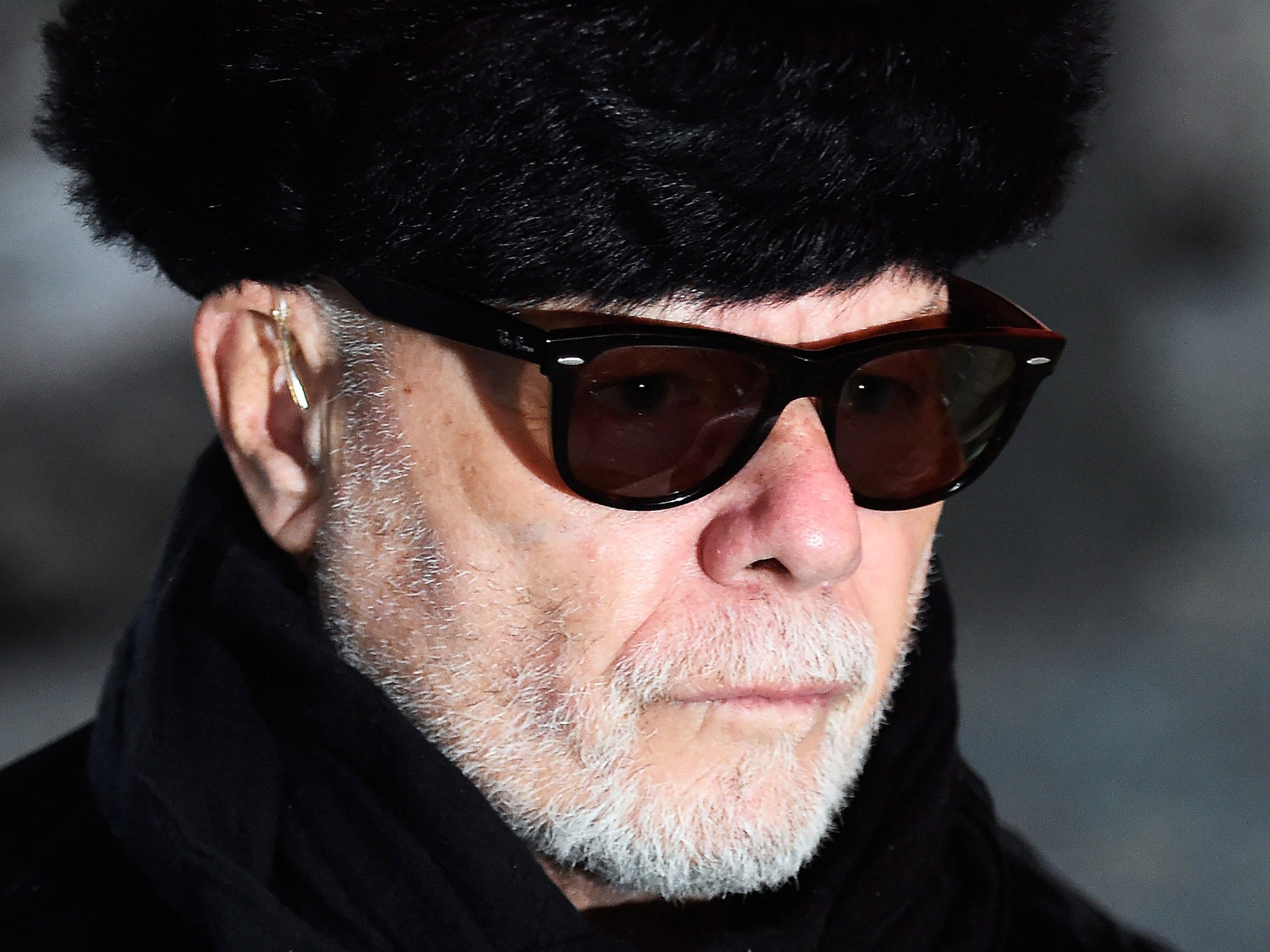 Gary Glitter arriving to Southwark Crown Court today appearing on charges relating to historic sex offenses against two young girls. The jury found him guilty.